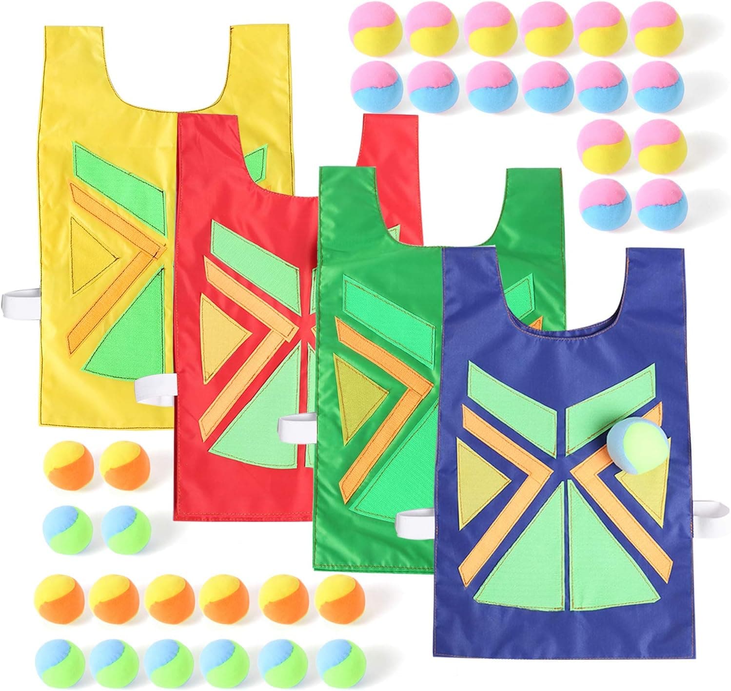 Dodgeball Tag Game Sticky Vests Set Throwing Target Game for Kids and Adults (4 Vest & 32 Ball) Outdoor Sports Catch Toss Soft Toy Balls (red Blue Green Yellow, 4)