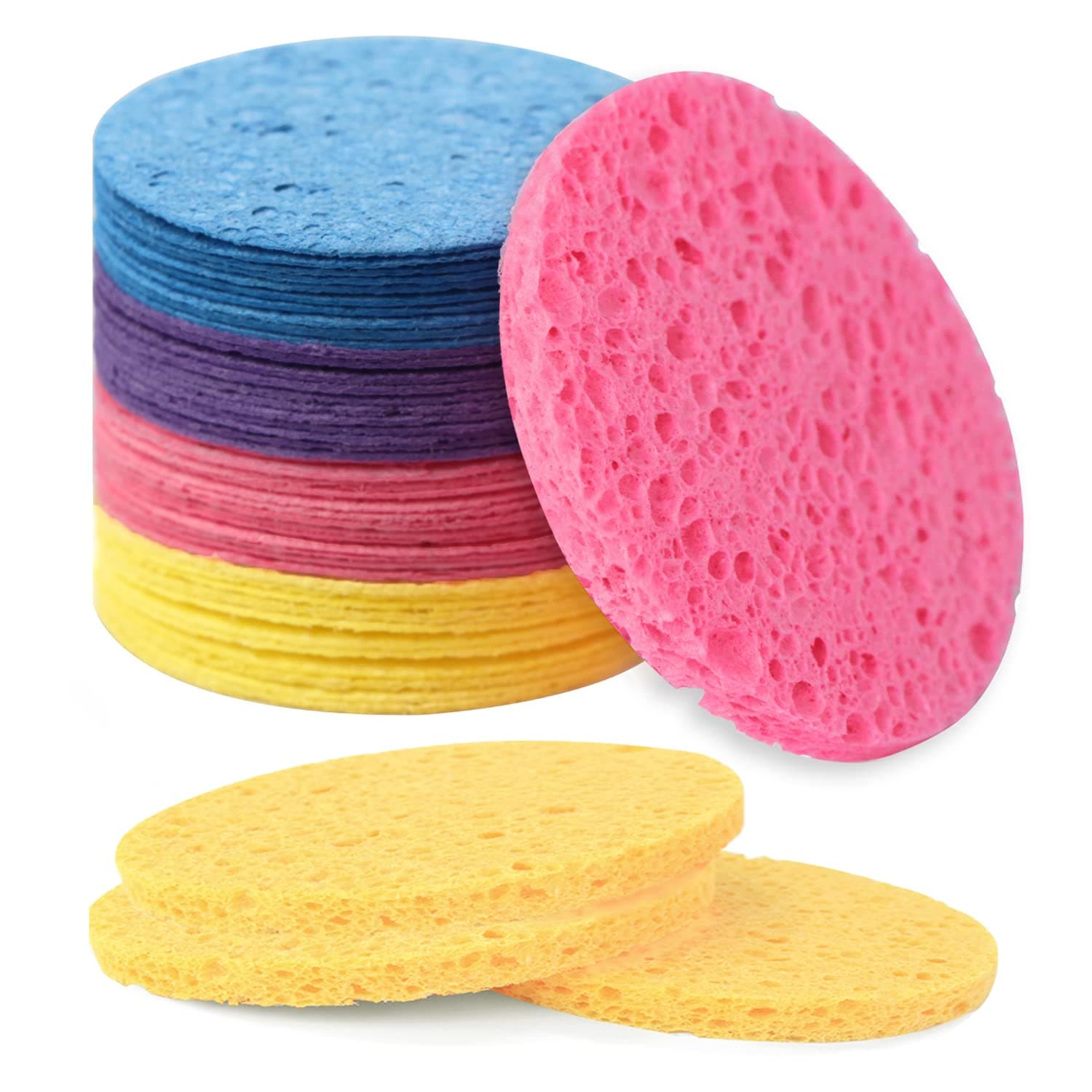 Facial Sponges Compressed Natural Cellulose Sponge Spunspon Round Shape Face Sponge for Face Cleansing Exfoliating and Makeup Removal 50 Count / 1 - Pack, Mixed Color