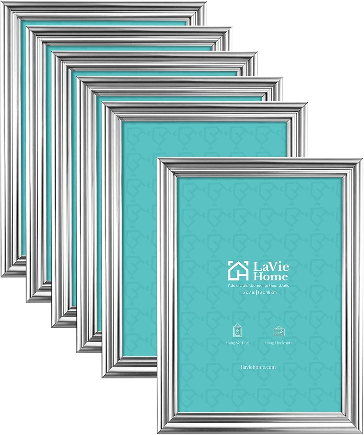 LaVie Home 5x7 Picture Frames(6 Pack, Silver) Wall or Tabletop Display, Graceful Beveled Detail Design Photo frames with High Definition Glass, Perfect for Home Decor, Set of 6 Basic Collection