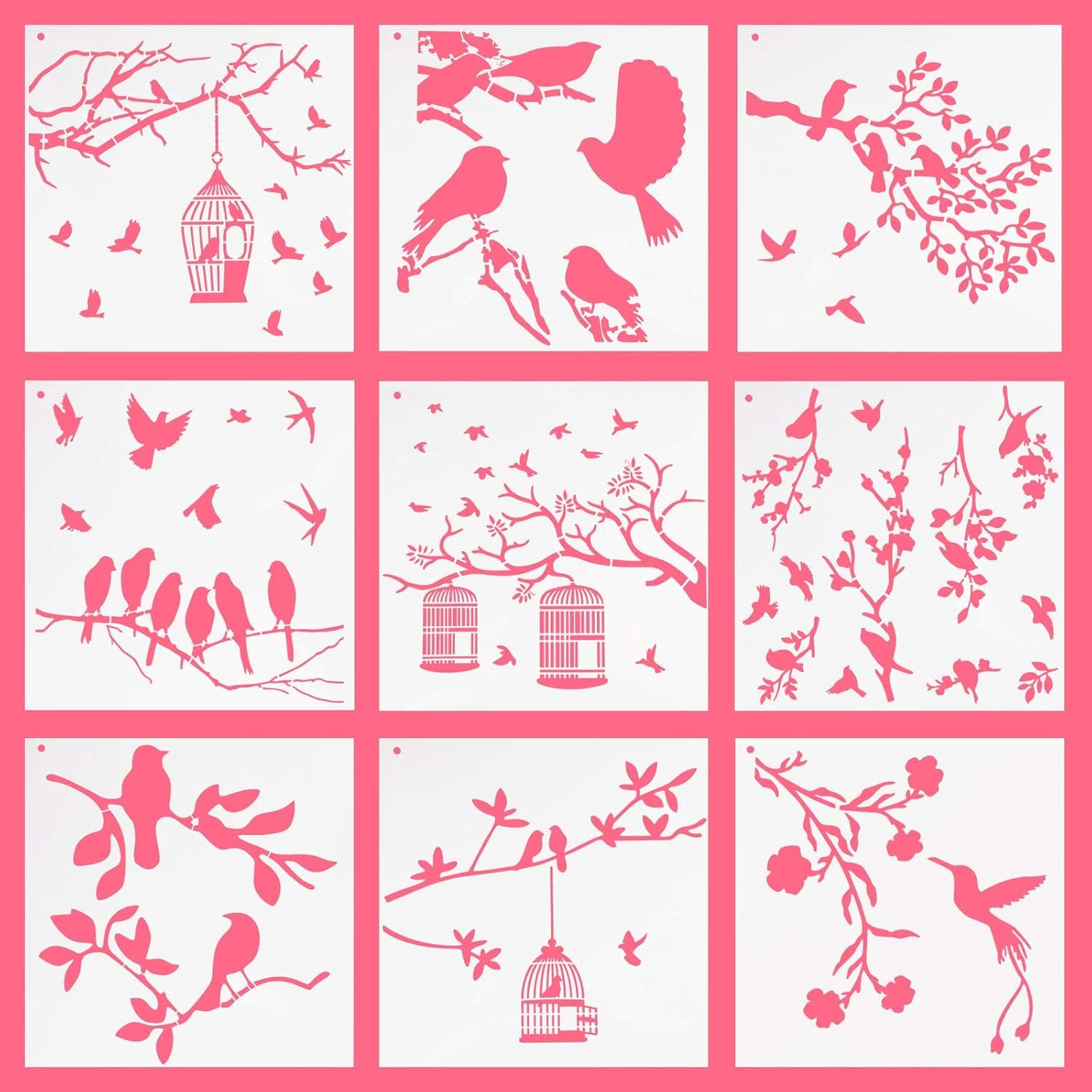 Bird Stencils for Painting, YASUOA 9 Pieces 23 x 23 cm Spring Flying Birds Stencils, Reusable Bird Flower Leaf Drawing Wall Stencil for Painting Wall DIY Nature Home Decor Wood Sign