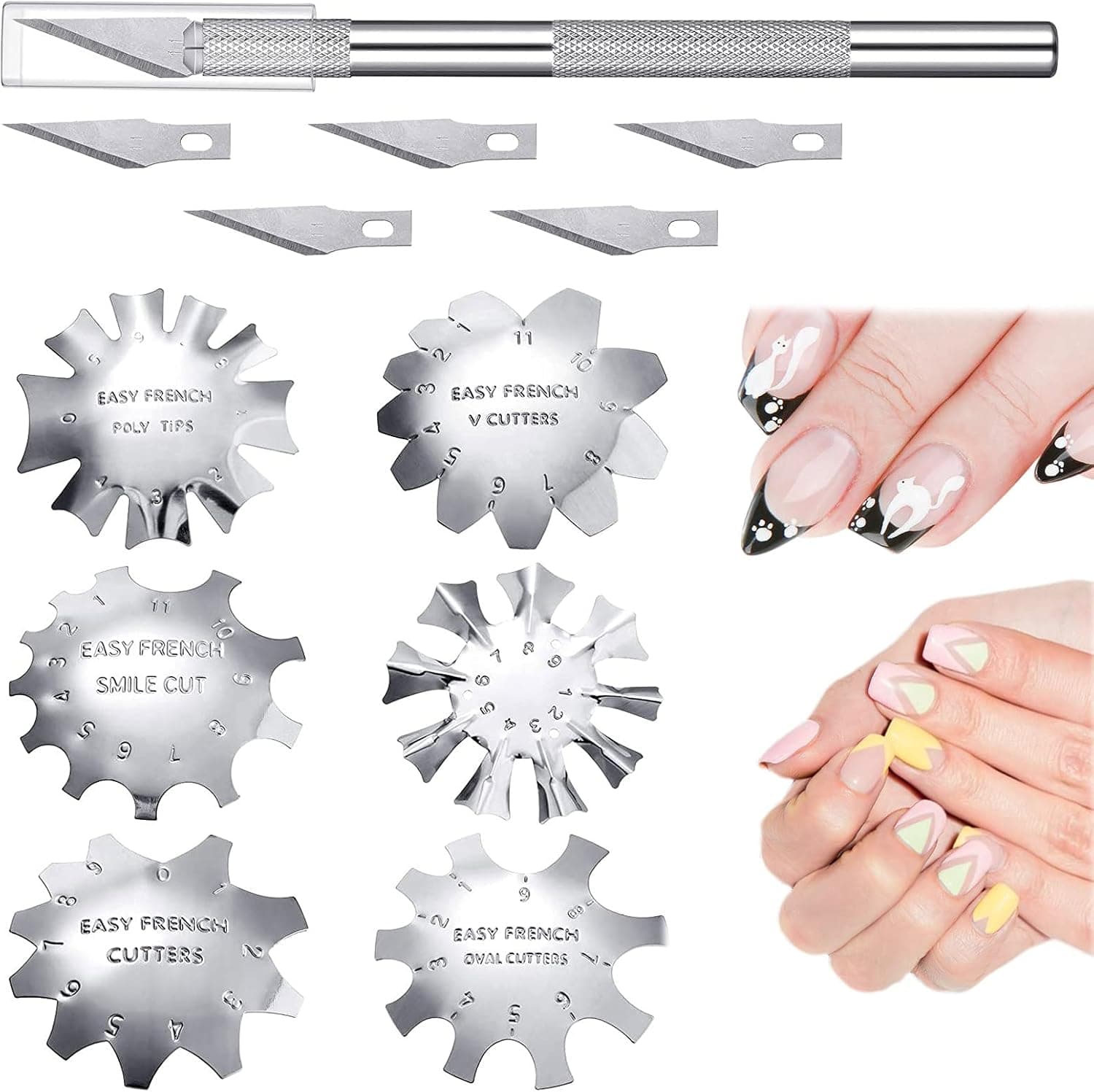 Xiwei French Nail Trimmer, Acrylic Nail Cutter French Smile Line Cutter Tools, Manicure Edge Trimmer with 1 Handle French Tip Cutting Knife and 5 Spare Blades(6 Pieces), Silver