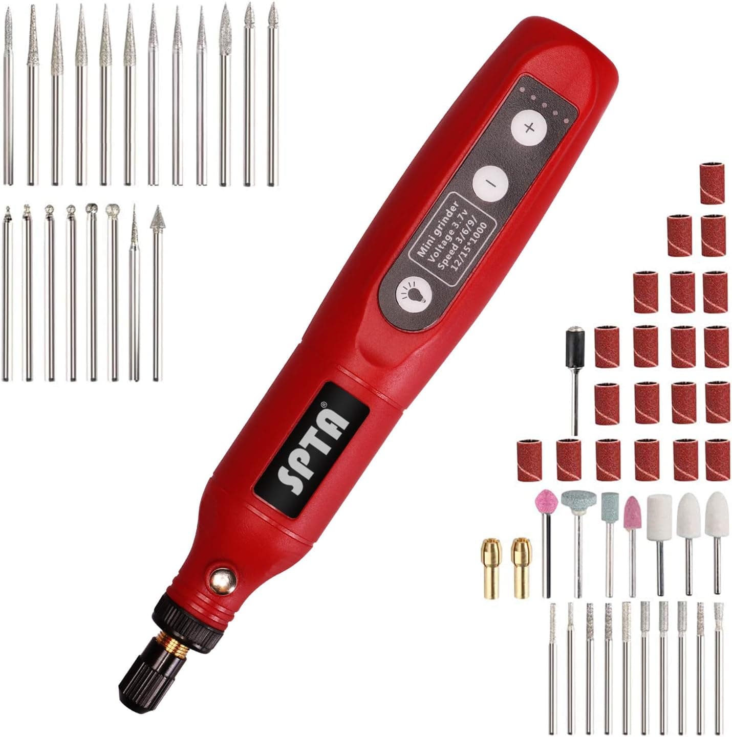 Cordless Rotary Tool, SPTA 3.7V Mini Power Rotary Tool Kit, 5 Speed USB Charging Rotary Tool Front LED Lights with 60Pcs Accessories Kit For Sanding, Drilling, Carving, Engraving, Polishing