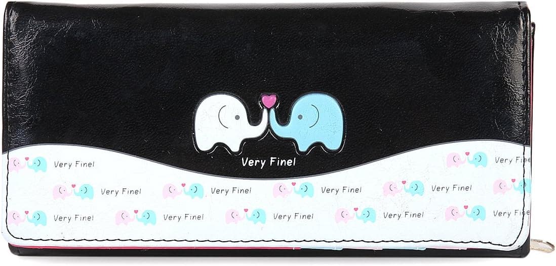Damara Womens Cute Elephant Print Soft PU Wallet,Black