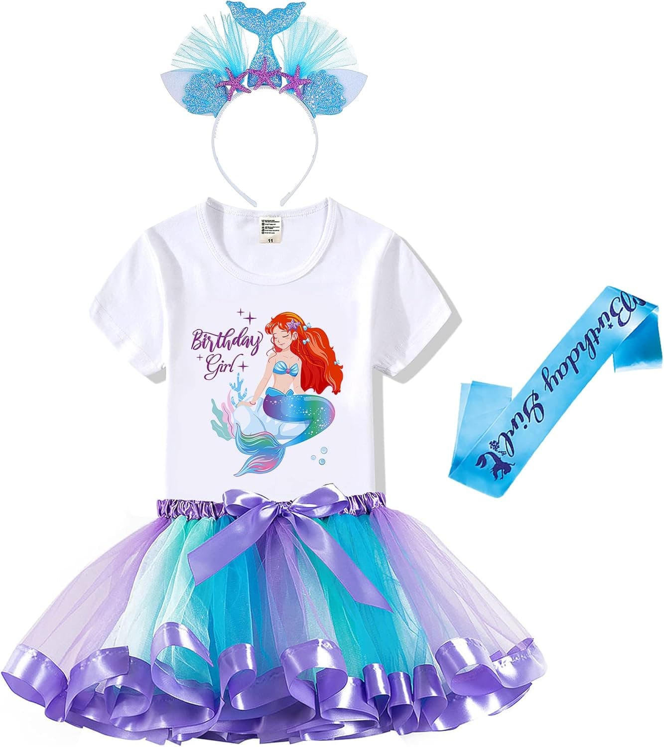 Mermaid Outfit Set – Shirt, Rainbow Tutu Dress, Satin Sash, Headband – Birthday Gifts for Girls Costume