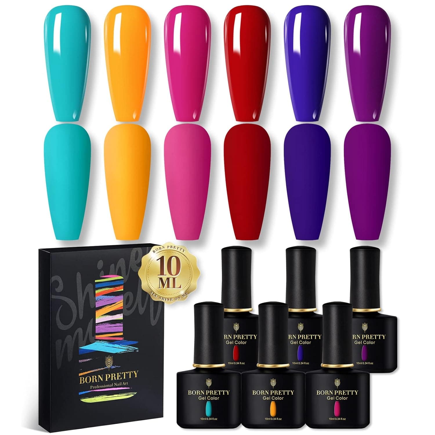 Born Pretty Neon Rainbow Gel Nail Polish Set Spring Summer Bright Color Gel Polish Red Blue Purple Yellow Green Color Soak Off UV LED Gel Nail Polish Nail Art Manicure 6PCS 10ML