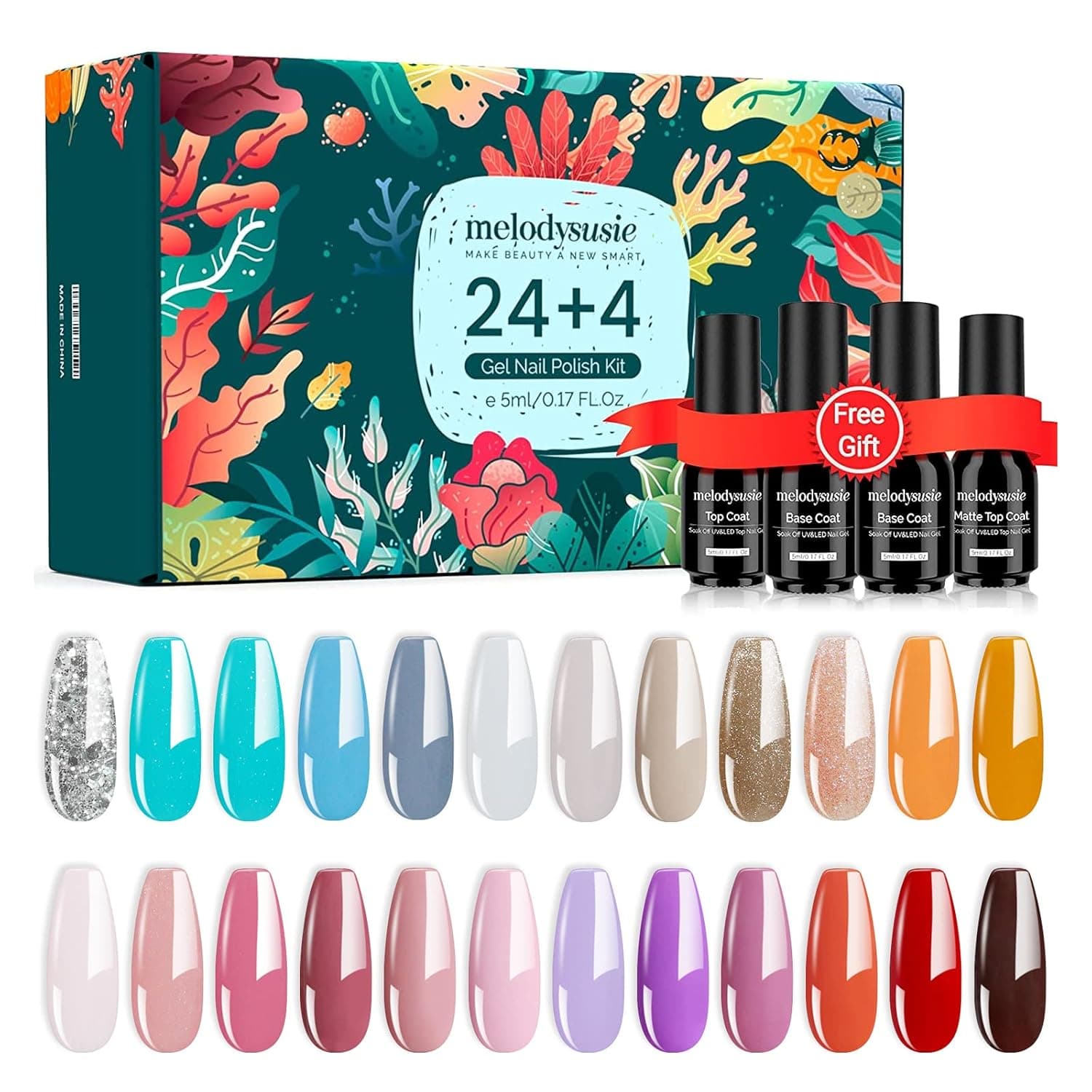 MelodySusie 28 Pcs Gel Nail Polish Kit, Pink Baysalt Nail Polish set, Soak off Nail Polish Bule Orange Glitter with Base, Glossy & Matte Top Coat, Best for Nail Art Salon Design or Manicure Starter