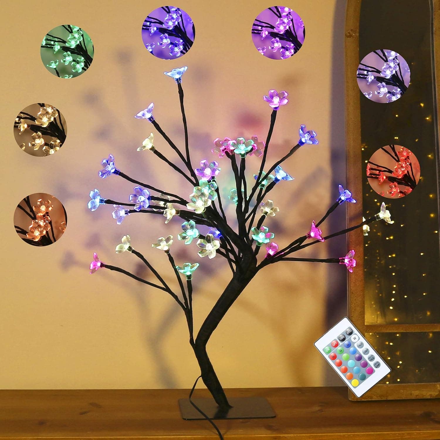 Table Cherry Blossoms Flower Tree Lamp,16Color Change 36 LED USB & Battery Powered Home Decor Girl‘s Gift for Mother's Day Christmas Night Light Warm Accompany Black Branches