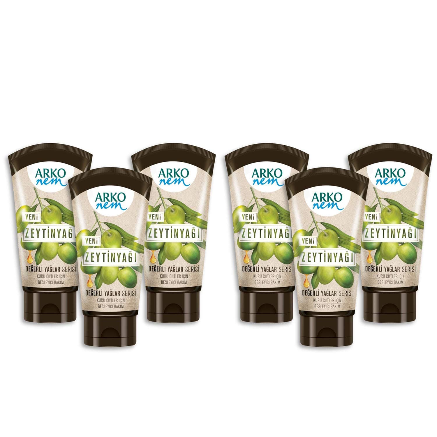 Arko Precious Oils Olive Oil Cream, Nourishes and Deeply Moisturizes the Skin, Repairs the Cracks, Effective for 48 Hours, Contains Vitamin E, Suitable for Hand, Face & Body, 2.02 Ounce - Pack of 6