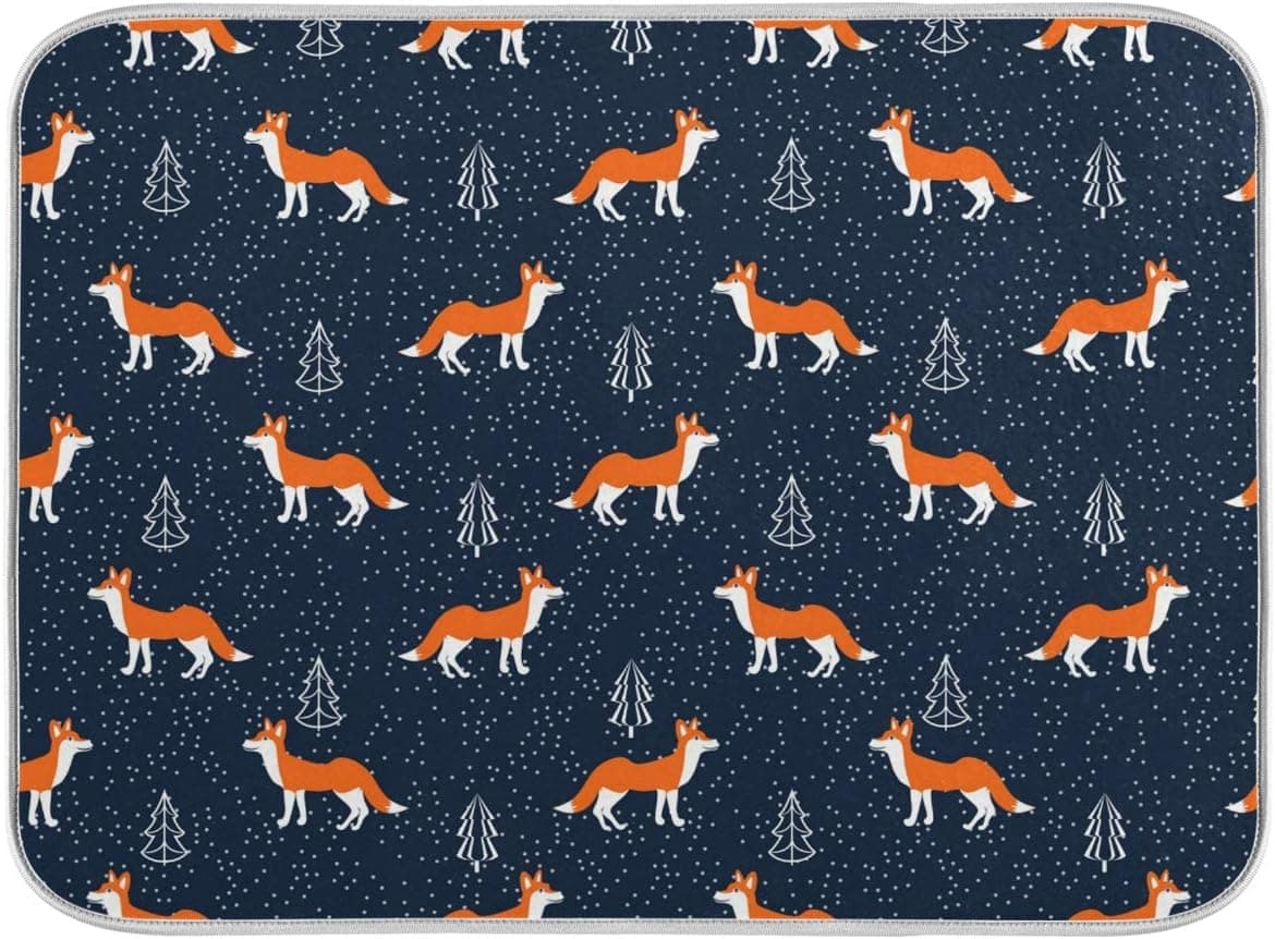 Cute Fox Dish Drying Mat, Microfiber Mat Absorbent Reversible for Kitchen, 16x18 Inch