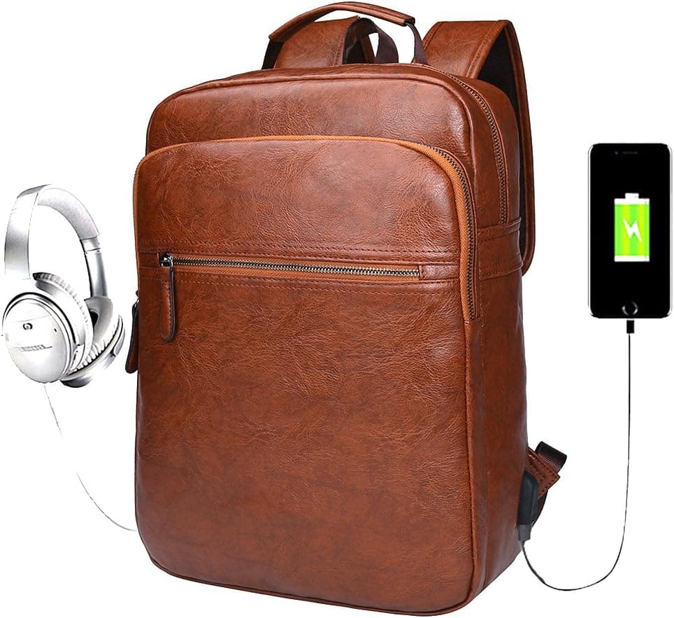 Men Leather Laptop Backpack with USB Charging Port Waterproof Travel Daypack School College Rucksack Bookbag (Brown)