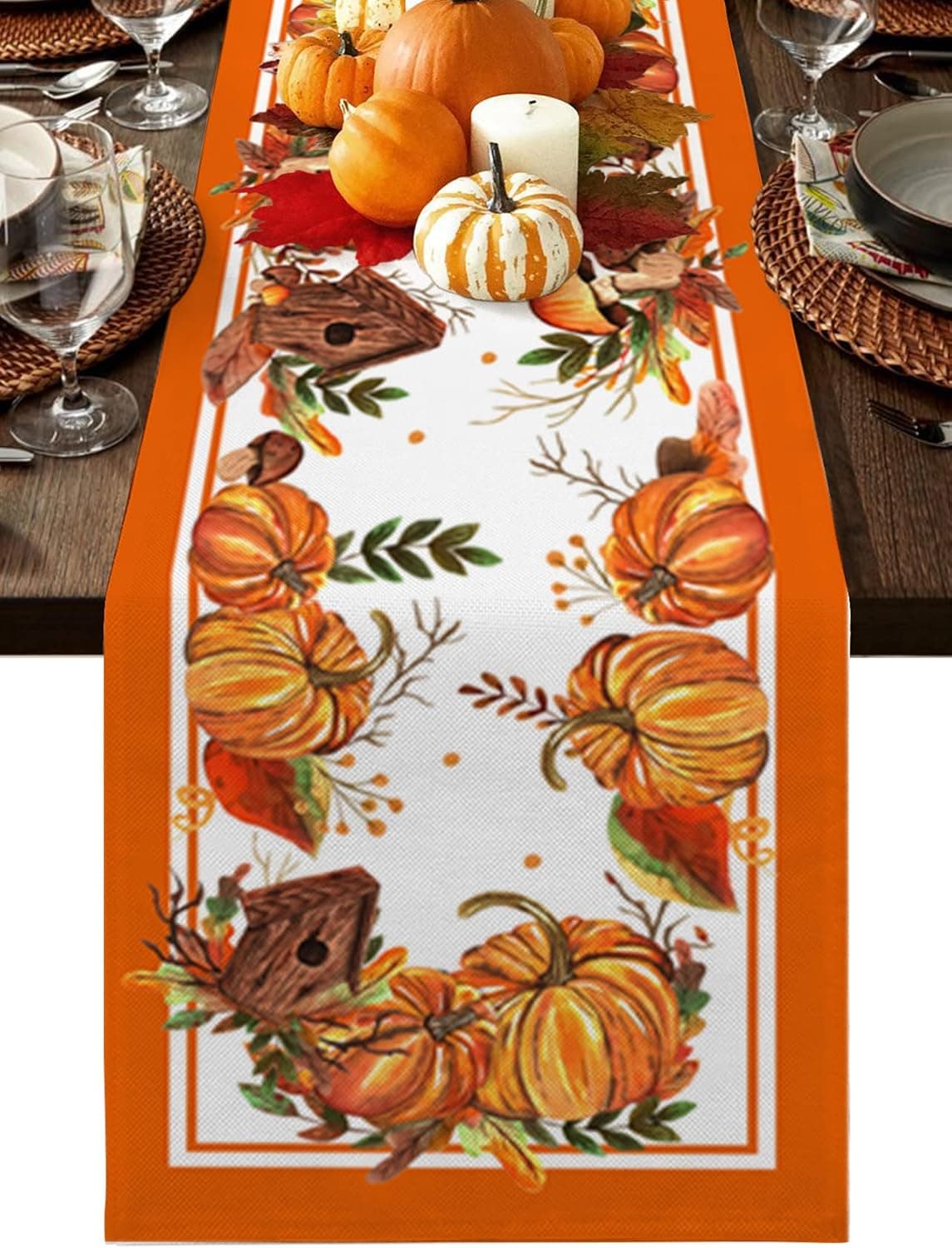 T&H XHome Linen Table Runner 48 Inches Long Thanksgiving Fall Pumpkin Orange Watercolor Table Runnes for Party Dining Room Dresser Farmhouse Wedding Banquet Home Decorations 13x48Inches