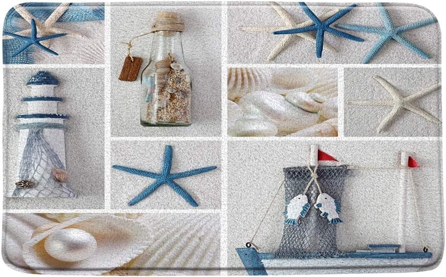 BOYIAN Nautical Bath Mat Starfish Beach Seashell Lighthouse Ocean Theme Sea World Blue White Microfiber Memory Foam Bathroom Decor Mat 17.7X29.5Inch