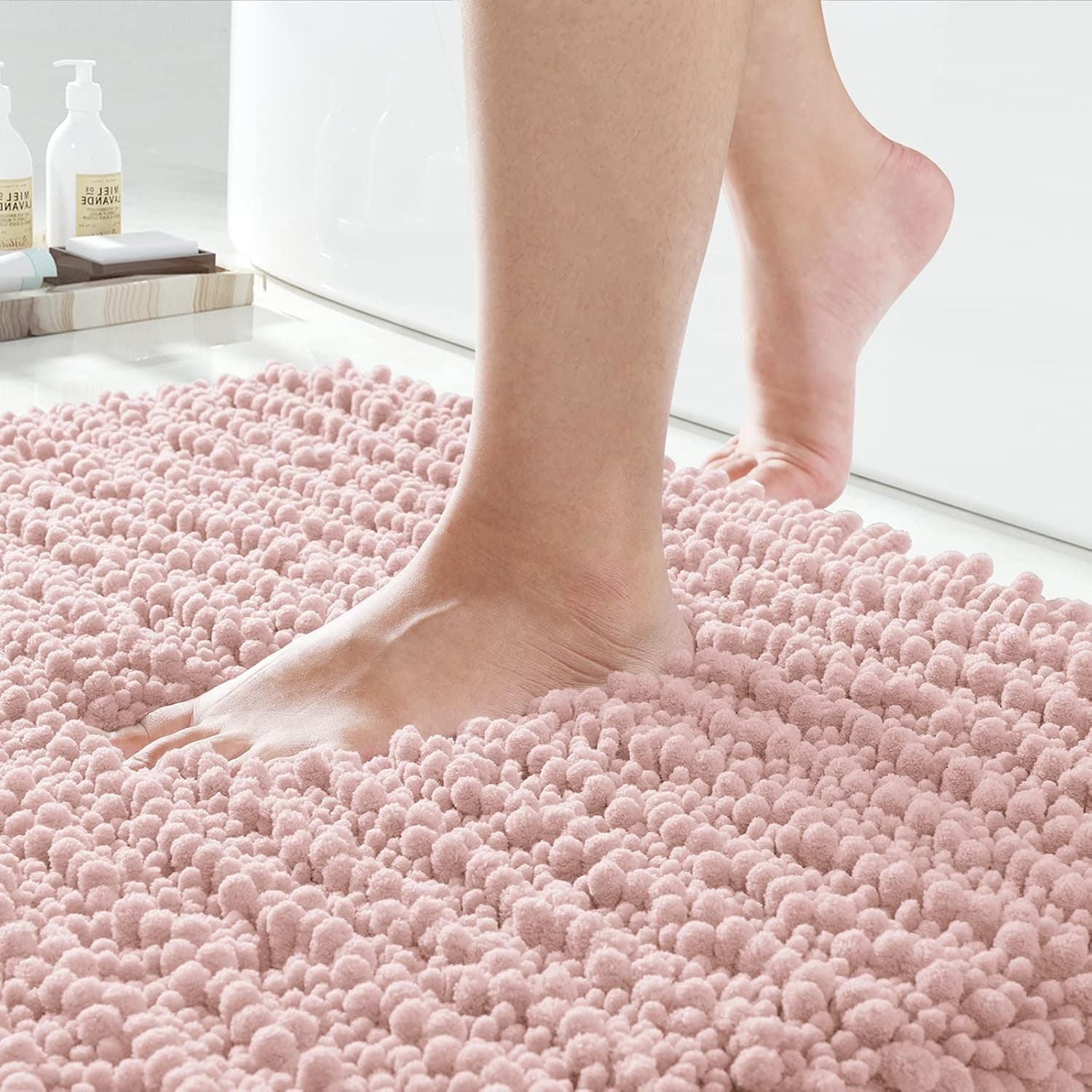 Yimobra Original Luxury Chenille Bath Mat, 24 x 17 Inches, Soft Shaggy and Comfortable, Large Size, Super Absorbent and Thick, Non-Slip, Machine Washable, Perfect for Bathroom, Light Pink