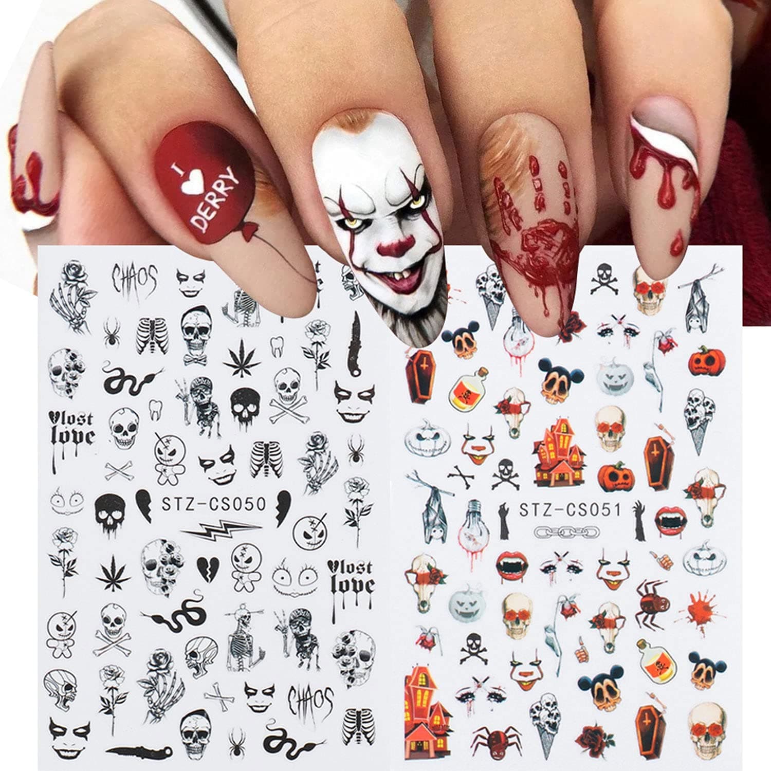 Halloween Nail Art Stickers Decals Nail Supplies 3D Self-Adhesive Fall Nail Decoration Pumpkin Monster Spider Maple Leaf Witch Design Color Fall Nail Sticker Manicure Tips for Women DIY Acrylic