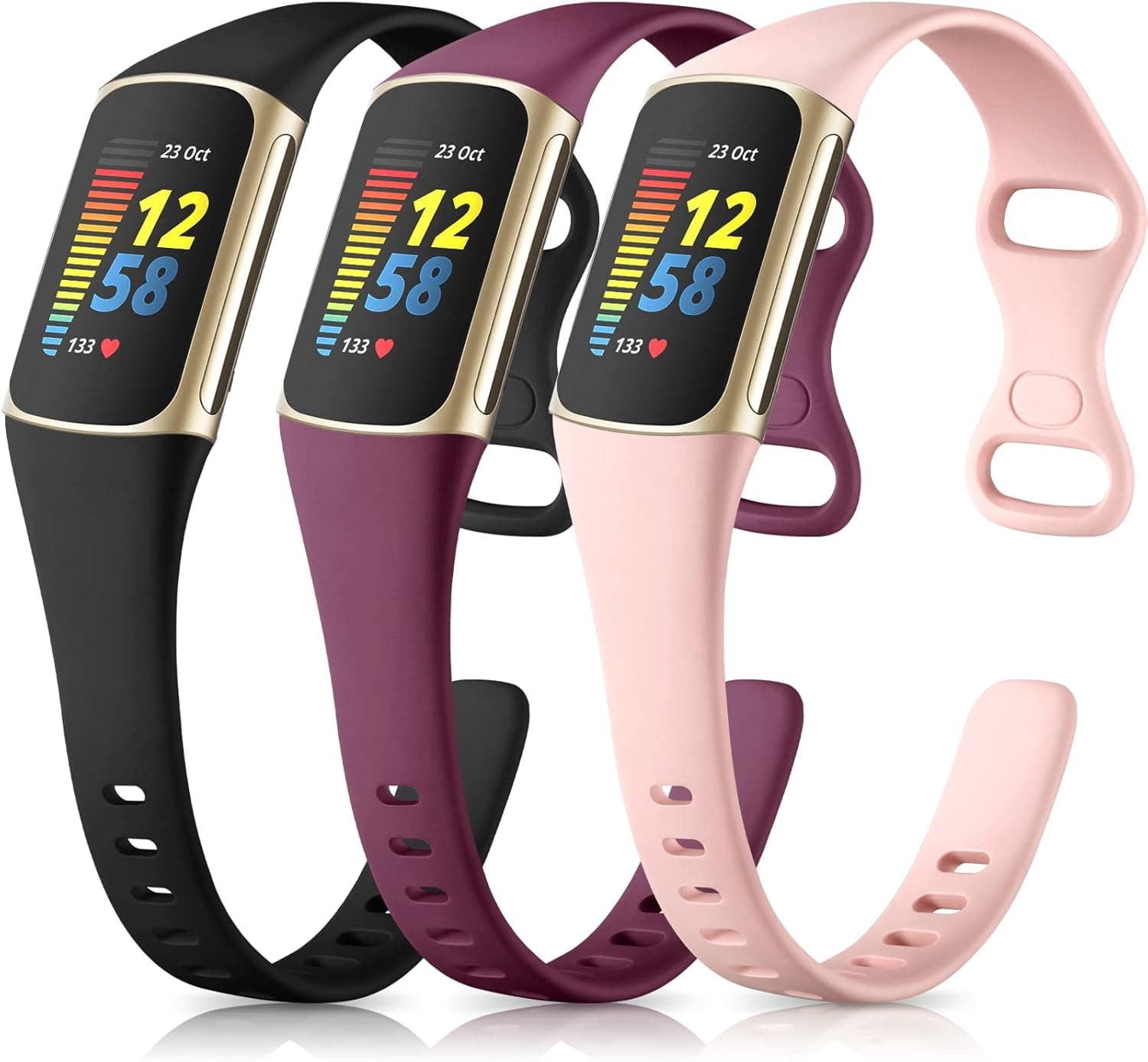 Maledan Compatible with Fitbit Charge 5 Bands Women Men, Soft Silicone Breathable Sport Replacement Accessories Slim Strap for Fitbit Charge 5 Advanced Fitness Tracker, 3 Pack Black/Pink/WineRed