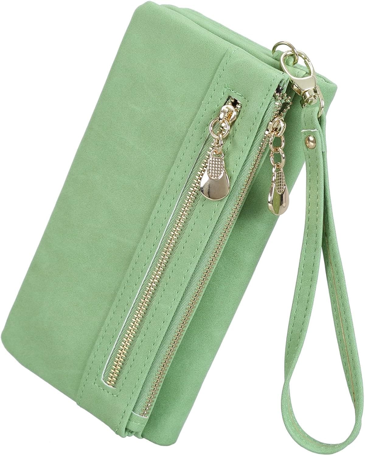 SCIEN Women's Leather Clutch Wallet Purses with Wrist Strap Long Bifold Card Holder, Grass Green
