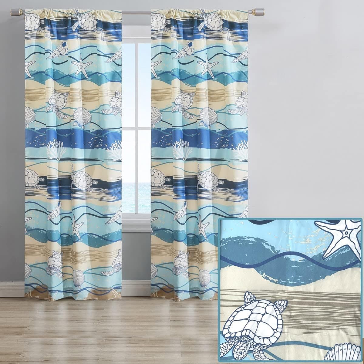 How Plumb 84-in. Beach Waves Window Curtains 2-Panel Pair Set Rod Pocket Header Coastal Seashells Turtles, Blue and Tan