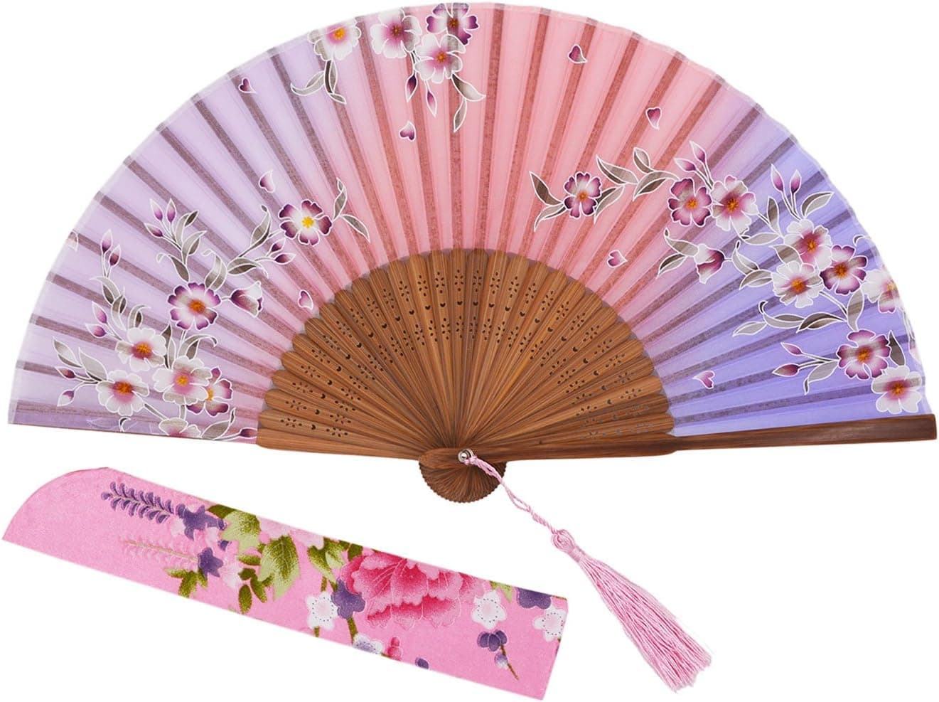 meifan Chinese/Japanses Classical Handmade Vintage Folding Bamboo Silk Flower Pattern Hand Fan MFN (PinkPurple)