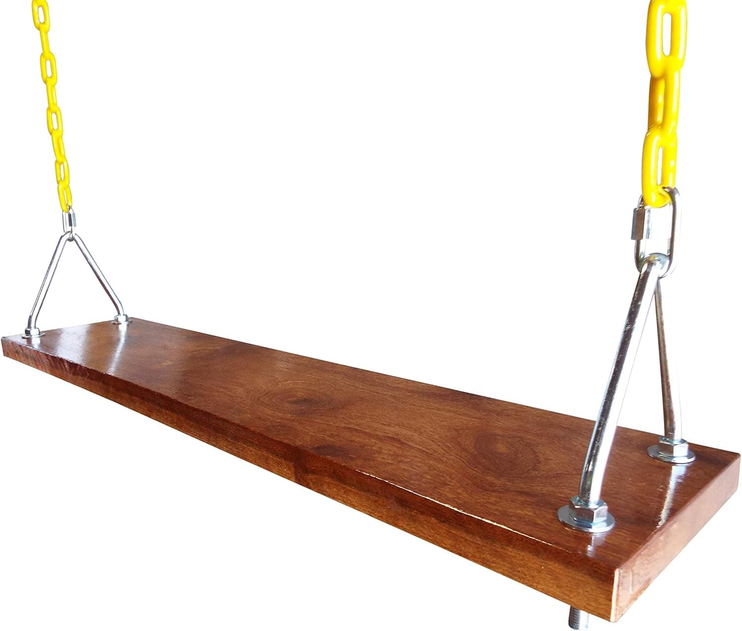 Outdoor Custom Made African Sapele/Mahogany Wood Swing. Plastic Coated Heavy Duty Chain -Swing Set Accessories for The Porch, Tree, Playground, Park or Backyard (10" X 24") …