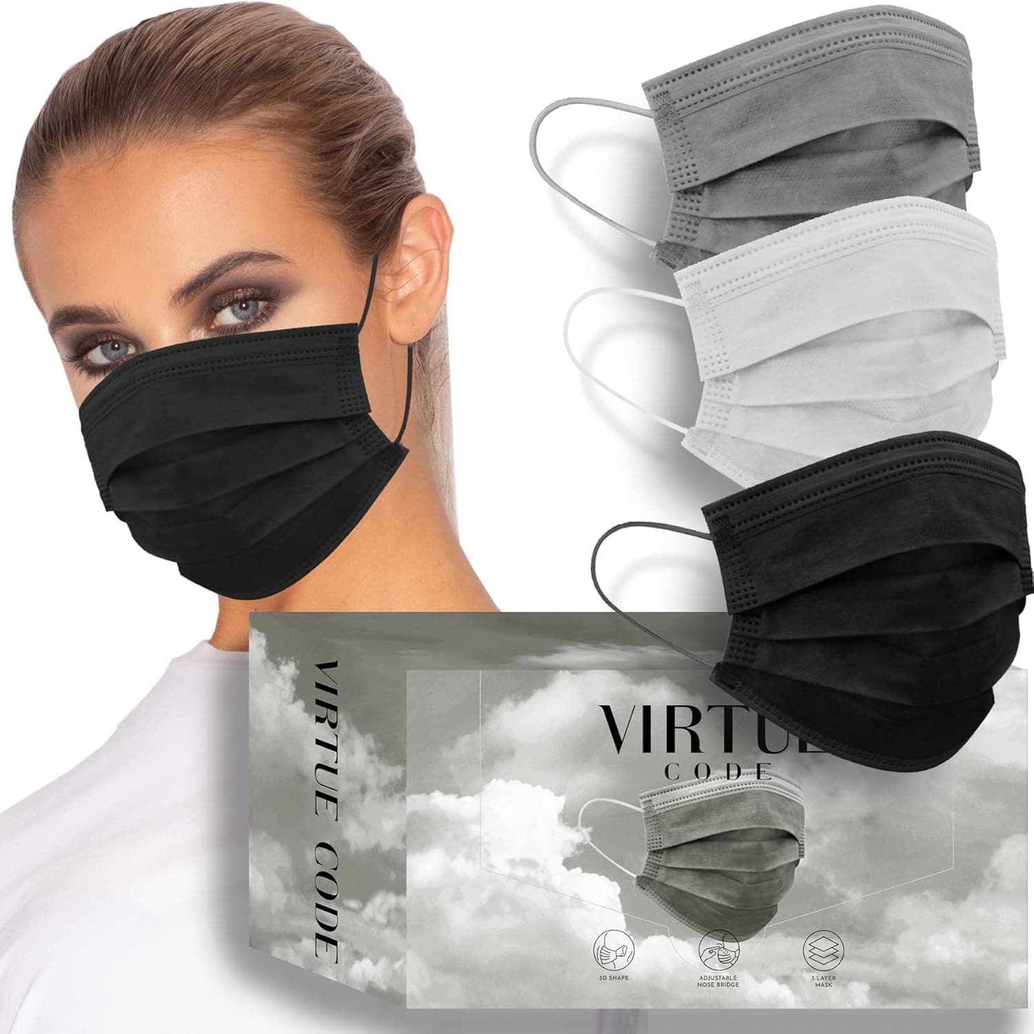 VIRTUE CODE 50 Disposable Face Masks for Men and Women. Face Mask with Elastic Ear Loops