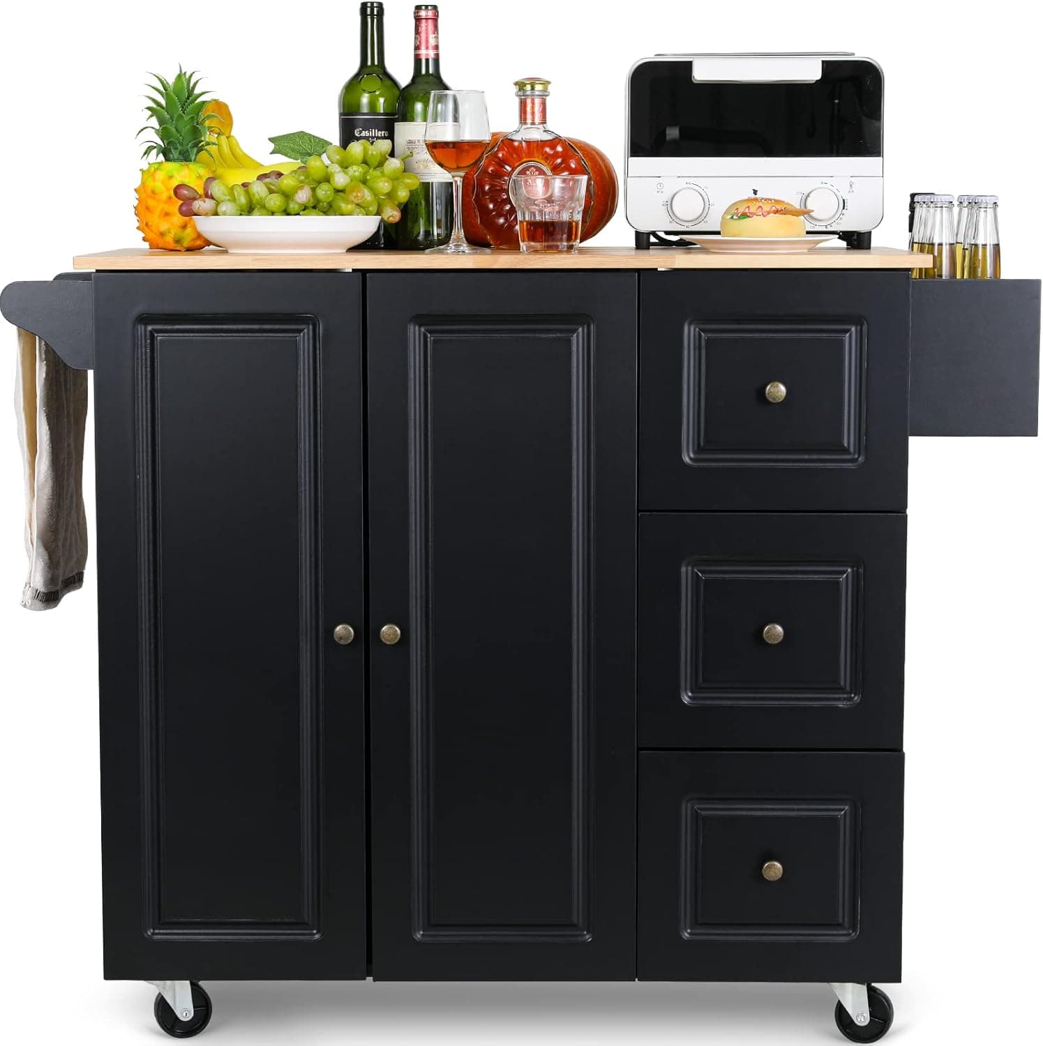 Kitchen Island with Storage,Kitchen Island on Wheels,Island Table for Kitchen,Rolling Kitchen Island,Kitchen Island Cart with Spice Rack, Towel Rack & Drawer, Expandable Top Large Kitchen Trolley Cart