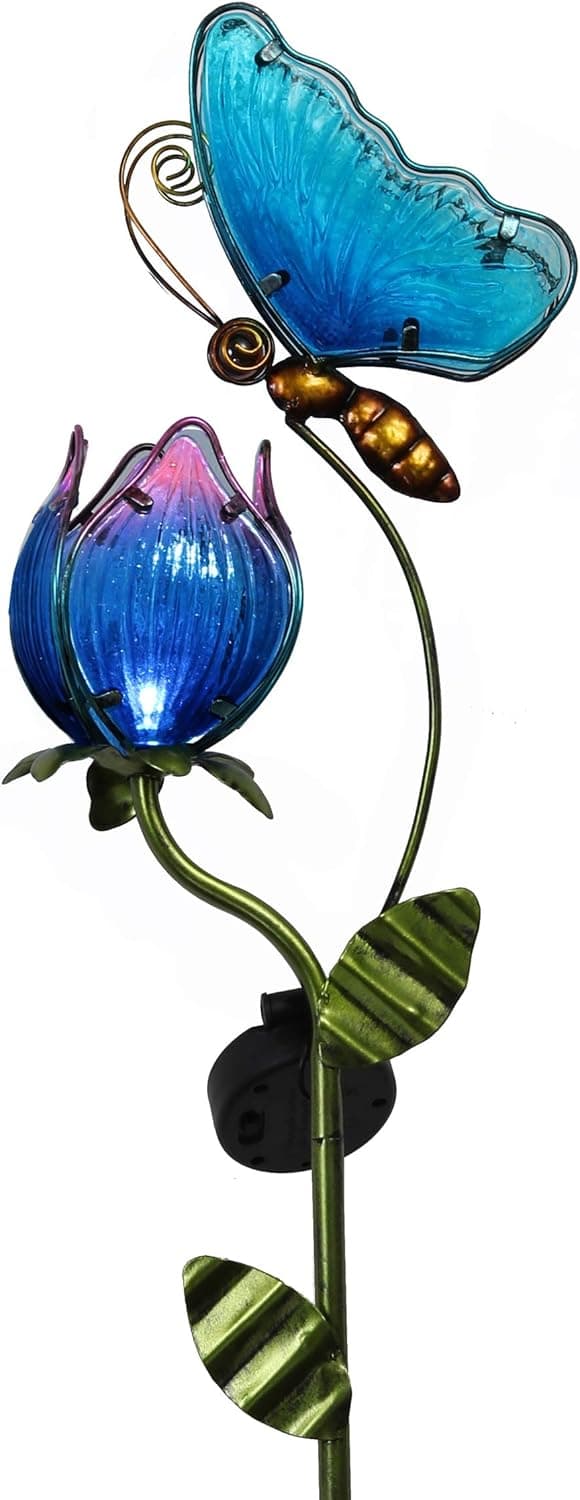 TERESA'S COLLECTIONS Flower Solar Garden Decorations Stake for Lawn Ornaments, 42 Inch Glass Butterfly Solar Lights Garden Decor for Outdoor Pathway Yard Art