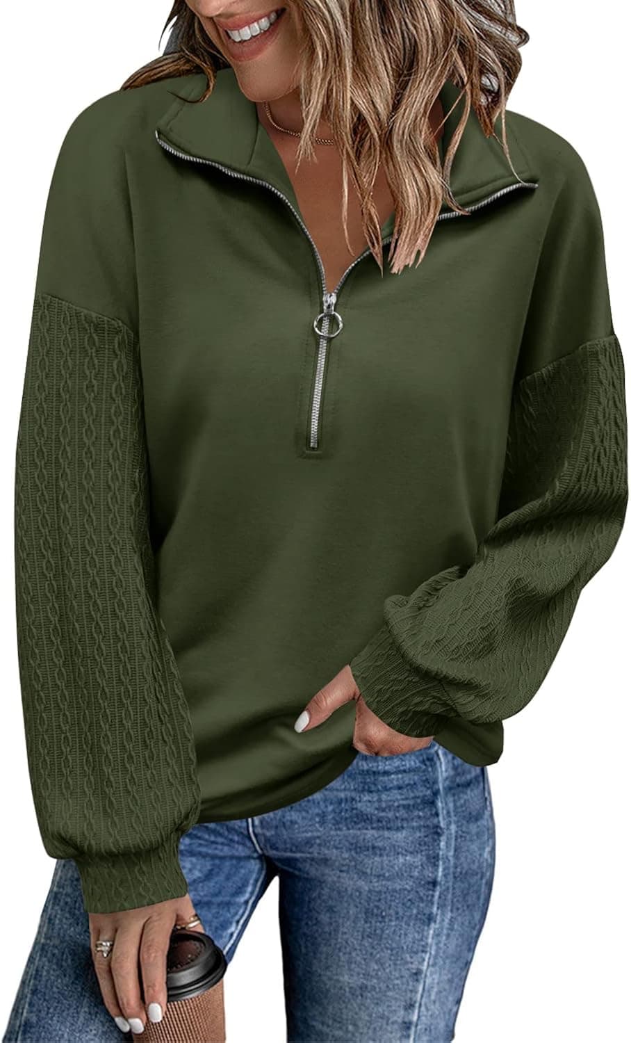 DOROSE Womens Casual 1/4 Zip Pullover Long Sleeve Lapel Collar Loose Sweatshirts