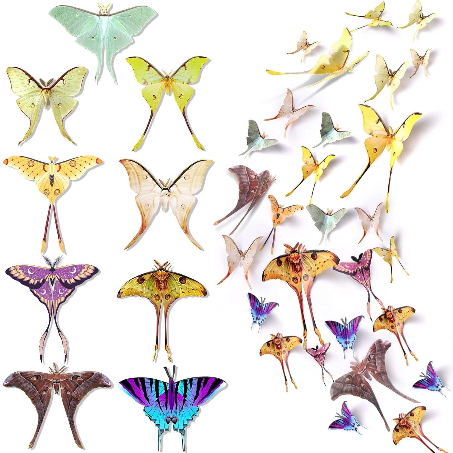 63 Pcs Butterfly Wall Decor Spring Summer Decor Removable Double Sided 3D Butterfly Moth Decal 6 Inch Party Decorations for DIY Kids Nursery, TV Wall, Bedroom Decor, Wedding, Birthday Supplies