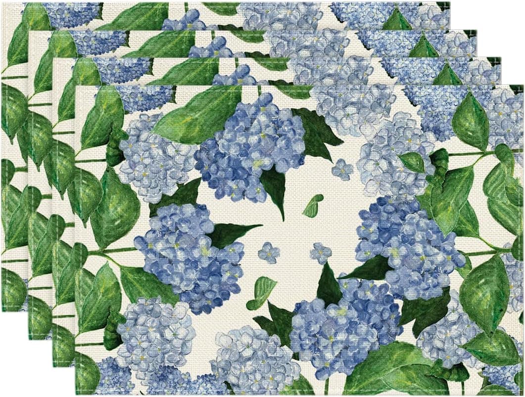 Artoid Mode Watercolor Hydrangea Placemats for Dining Table, 12 x 18 Inch Spring Summer Seasonal Decoration Rustic Washable Table Mats Set of 4