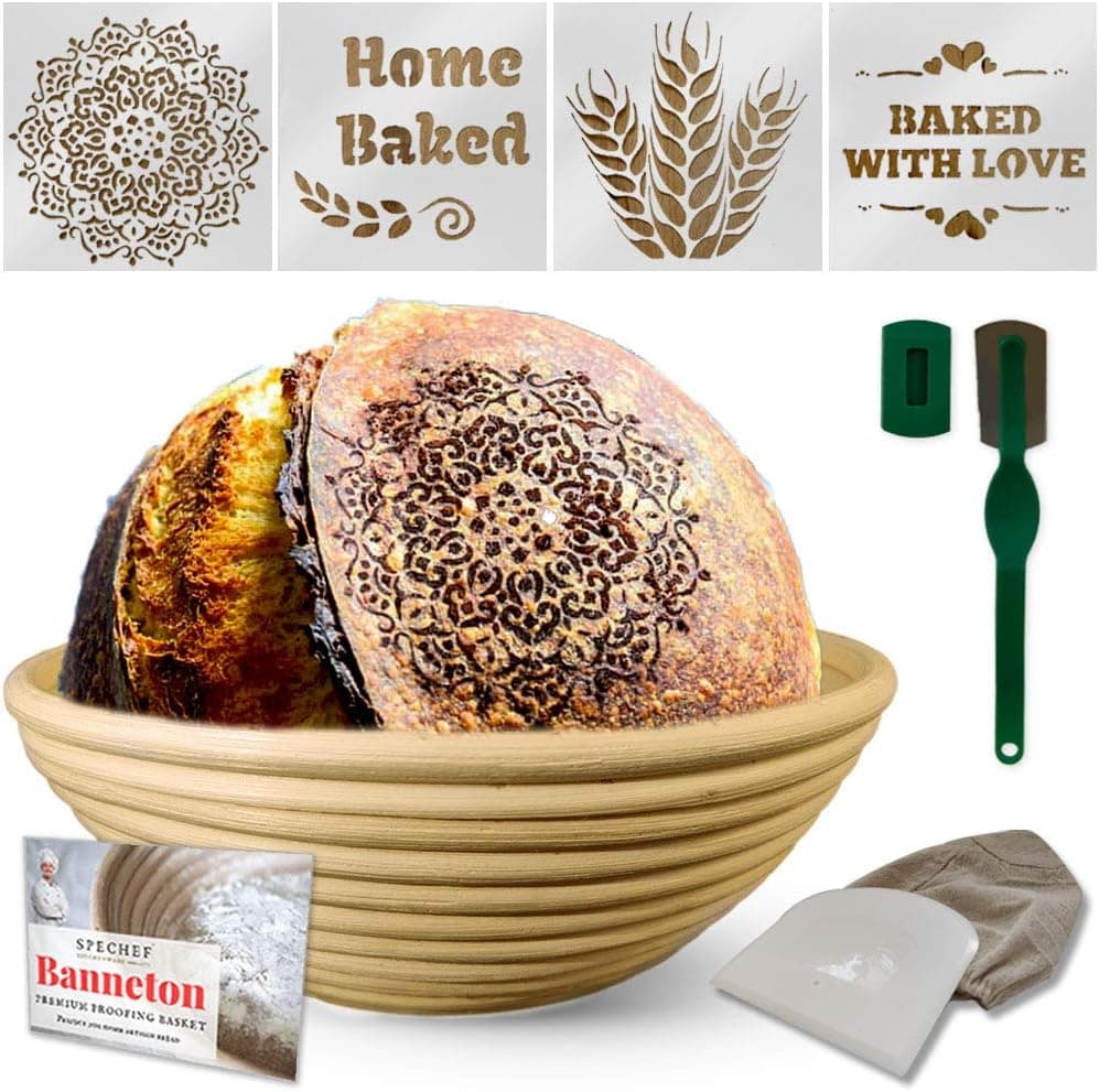 9 Inch Banneton Proofing Basket - Bread Tools Proofing Basket Set - Round Banneton Basket + Cloth Liner + Bread Stencils + Dough Scraper + Bread Lame Proofing Basket For Sourdough Bread Artisan Bread