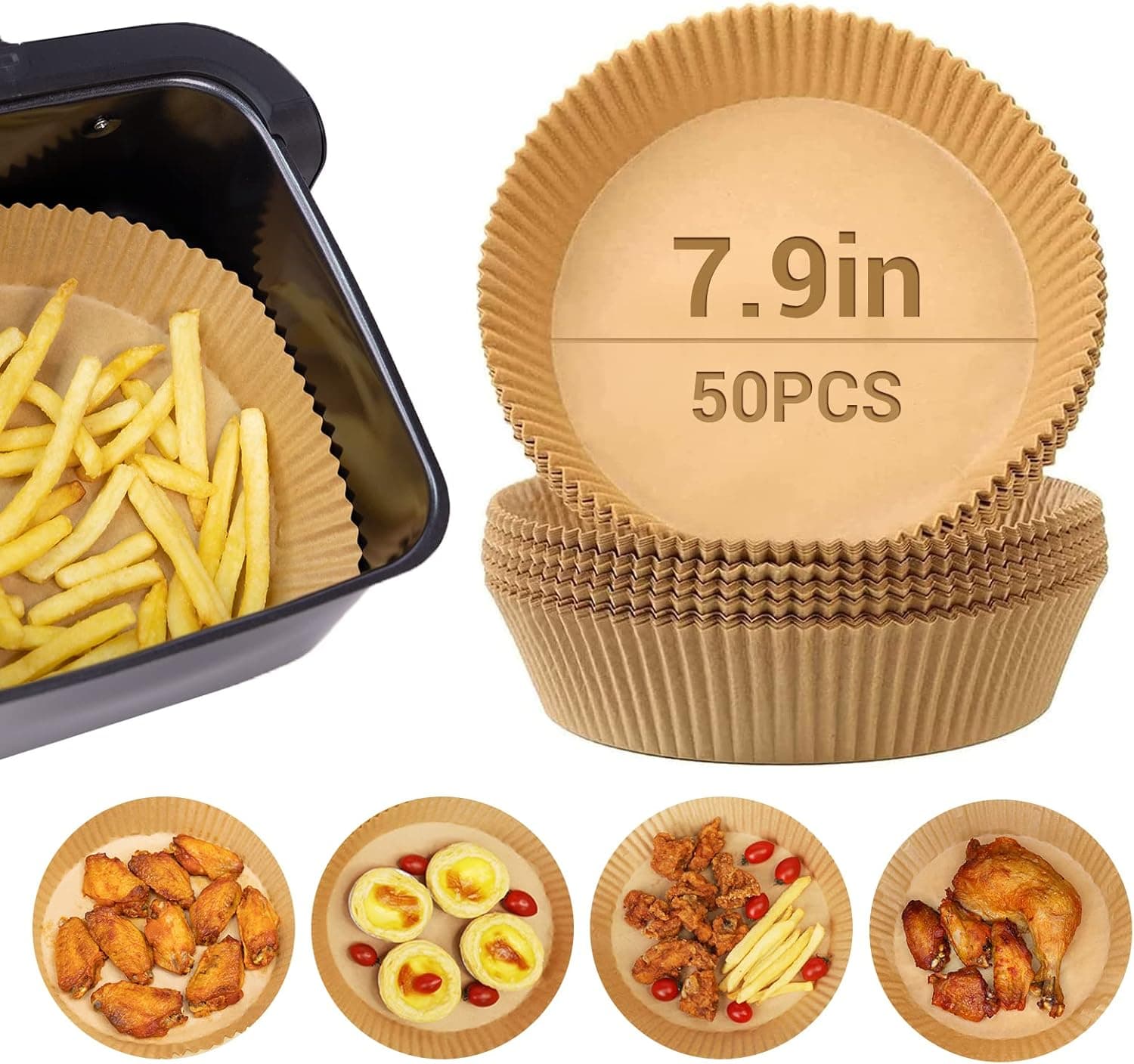 SAKUCHI Air Fryer Disposable Paper Liner (50pcs), 7.9 inches Air Fryer Oven Insert Parchment Sheets Grease and Water Proof Non Stick Basket Liners for Baking Cooking (50PCS)