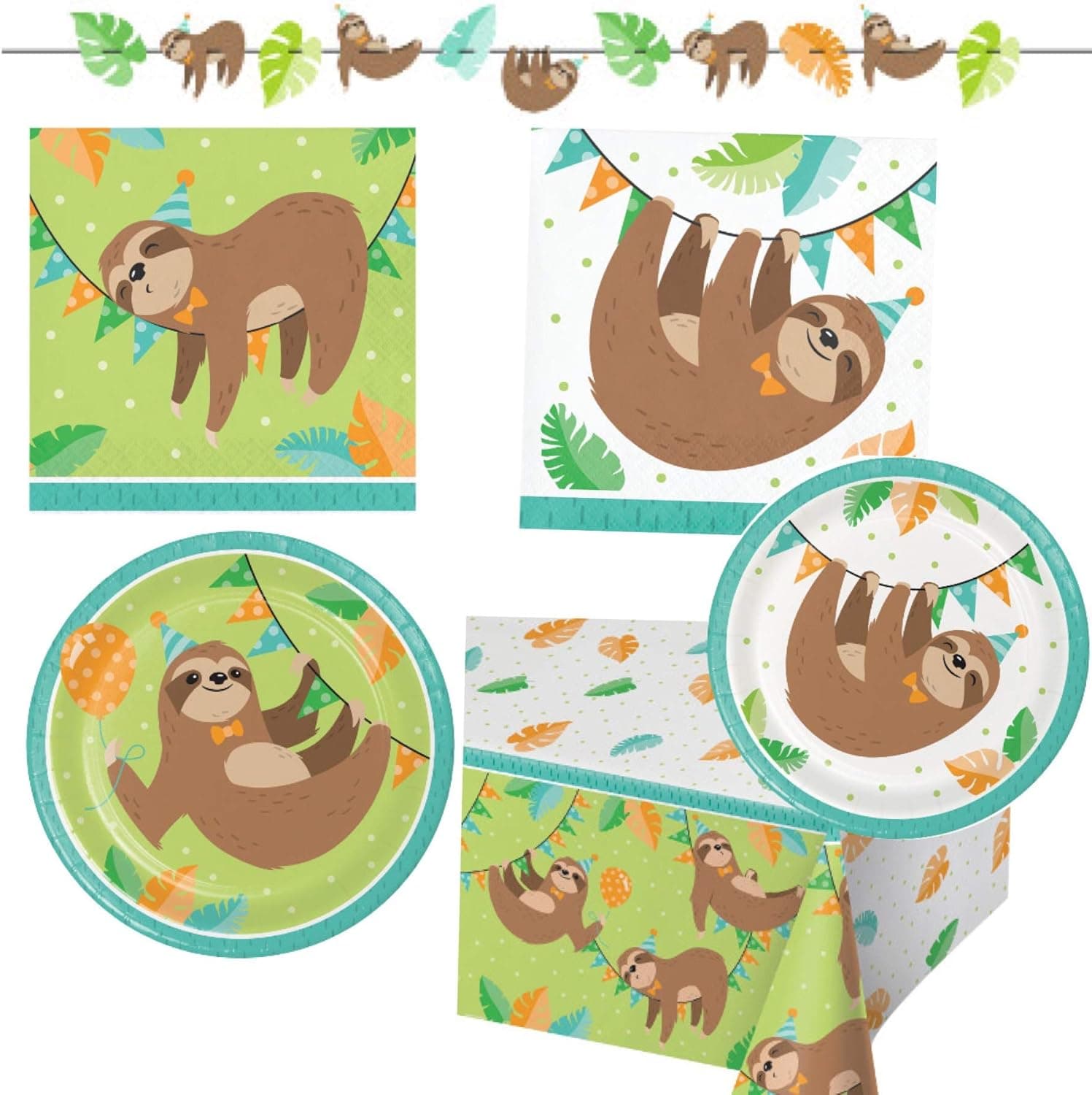 Sloth Happy Birthday Party Supplies 16 Dinner Plates, 16 Cake Plates, 16 Lunch Napkins, 16 Beverage Napkins, Banner, Table Cover, Recipe