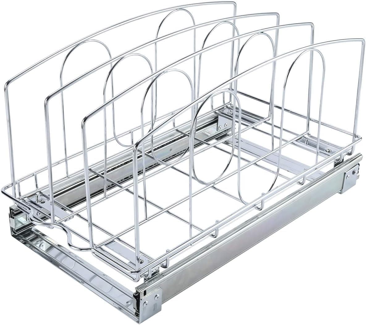 TQVAI Pull Out Cookware Organizer Under Cabinet Slide Roll Out Bakeware Holder Cutting Board Storage Rack - Request at Least 12 inch Cabinet Opening, Chrome Sliver