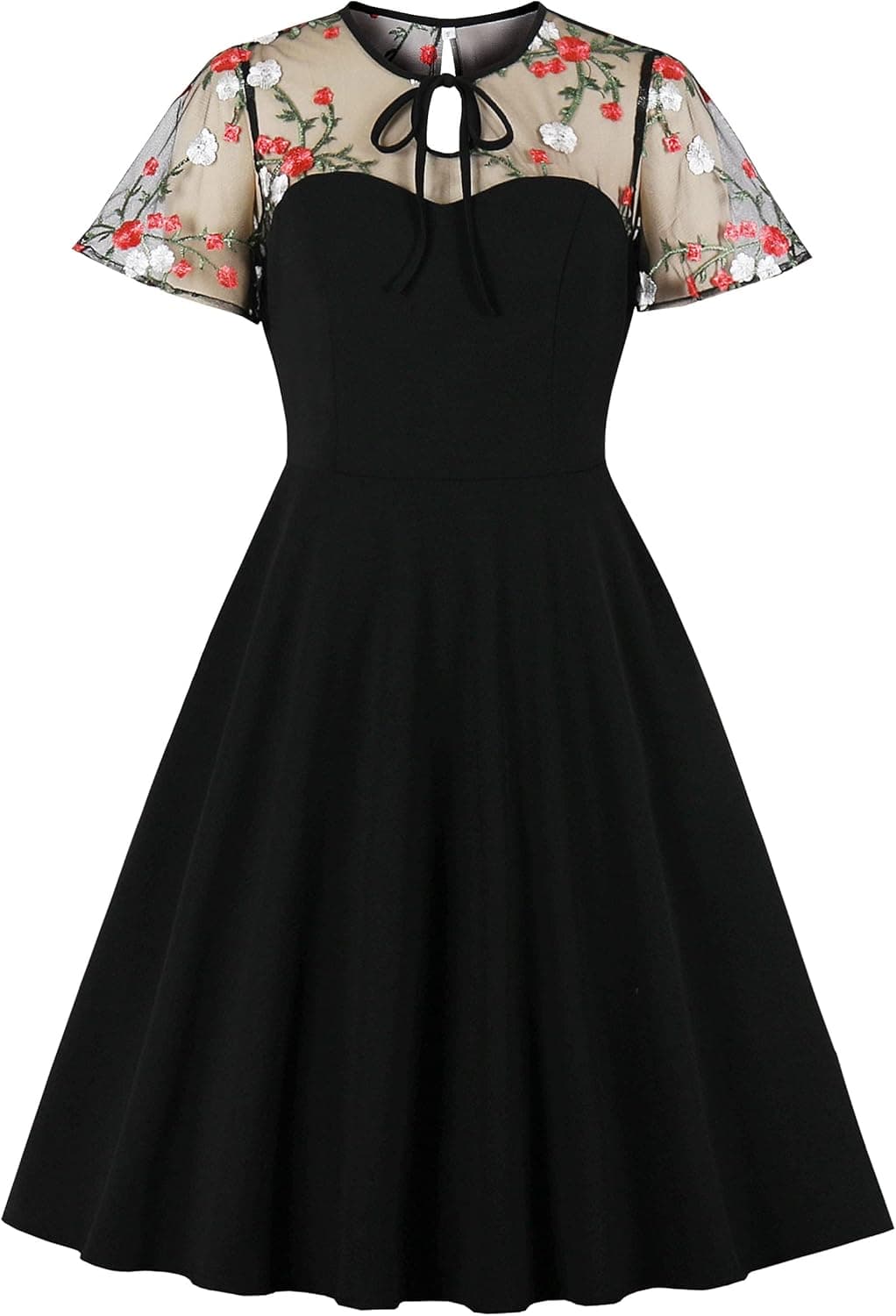 Wellwits Women's Polka Dots Embroidery Keyhole Tie Vintage Cocktail Dress