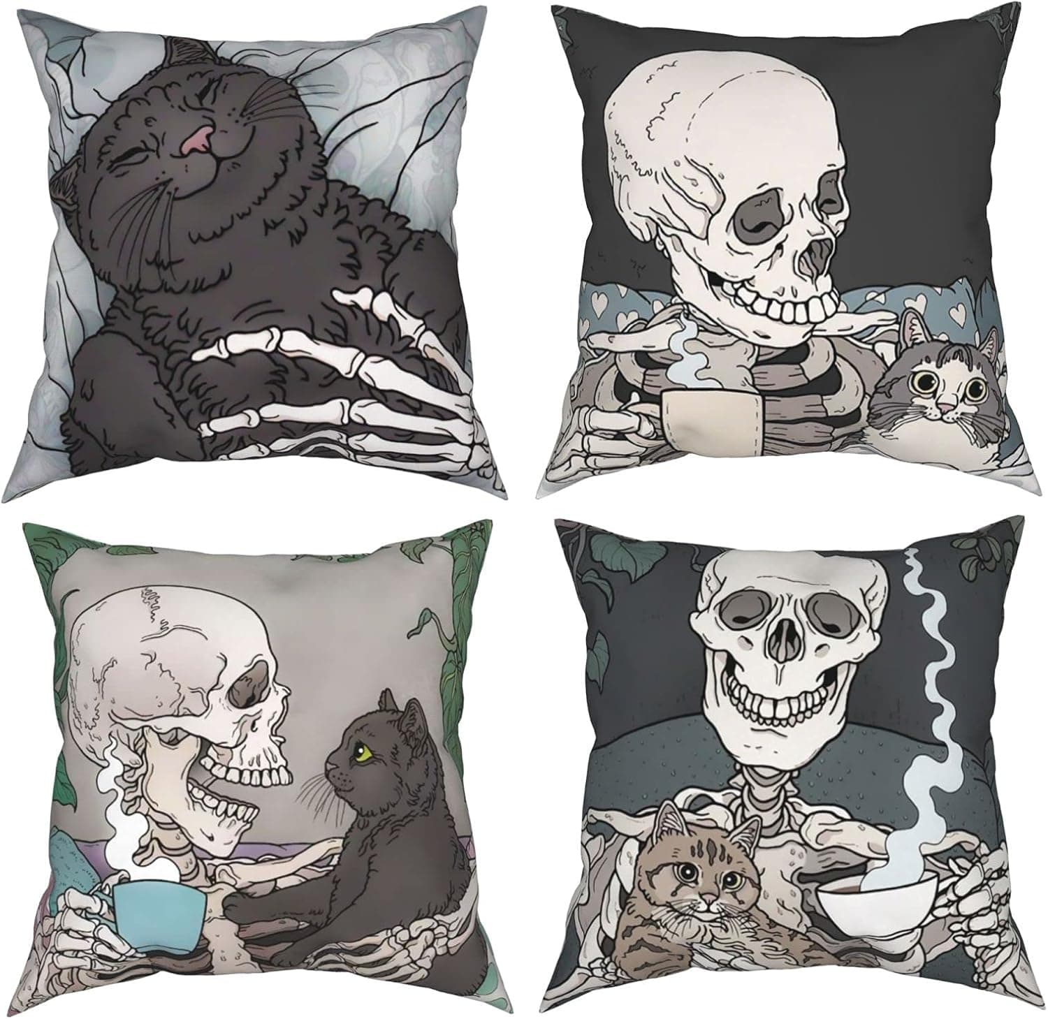 enpeozo Skull Pillow Covers,18x18 Decor Pillow Covers,Cat Skull Skeleton Throw Pillows Skeleton Pillowcases Set of 4