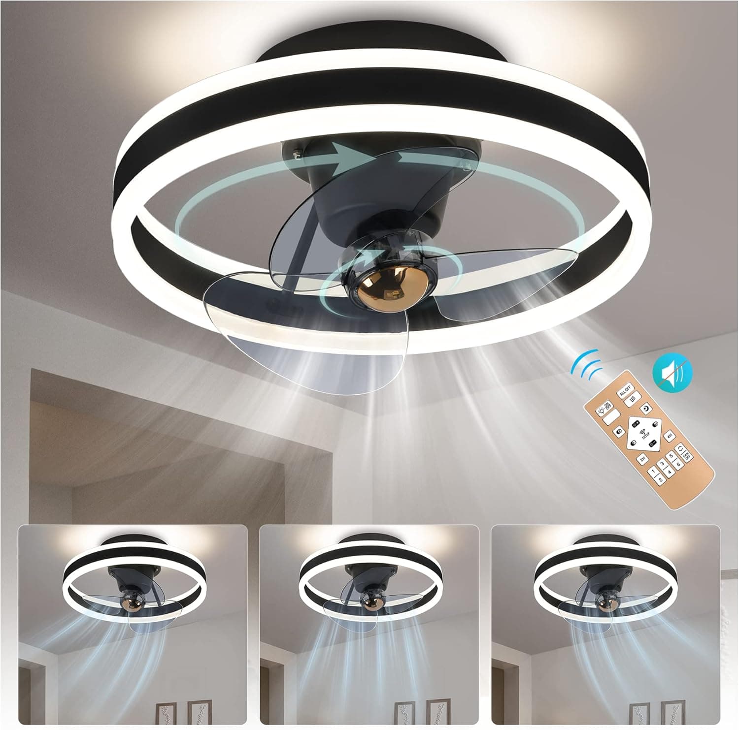 Sunny Hawaii 360-Degree Oscillating Modern Low Profile Ceiling Fan with Light, Flush Mount Ceiling Fan with Control, Dimmable LED 3 Color 6 Speeds Timing for Living Room, Kitchen, Small Room