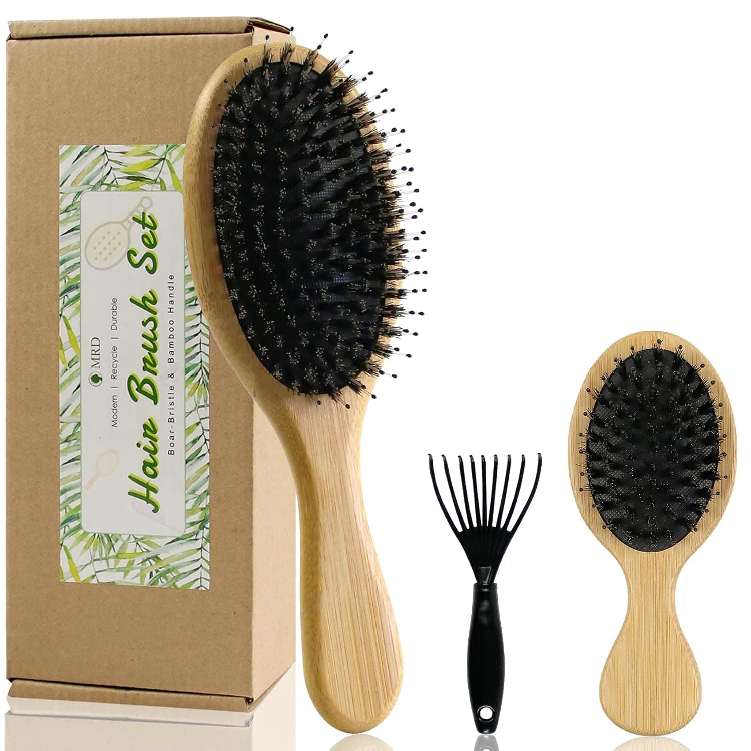 Boar Bristle Bamboo Hair Brush Set for Women Men Kids MRD Natural Premium Paddle Hairbrush Detangling Defrizz Distribute Oil for Thick Thin Curly Straight Wavy Dry Hair No More Tangle, Giftbox (2Pcs)