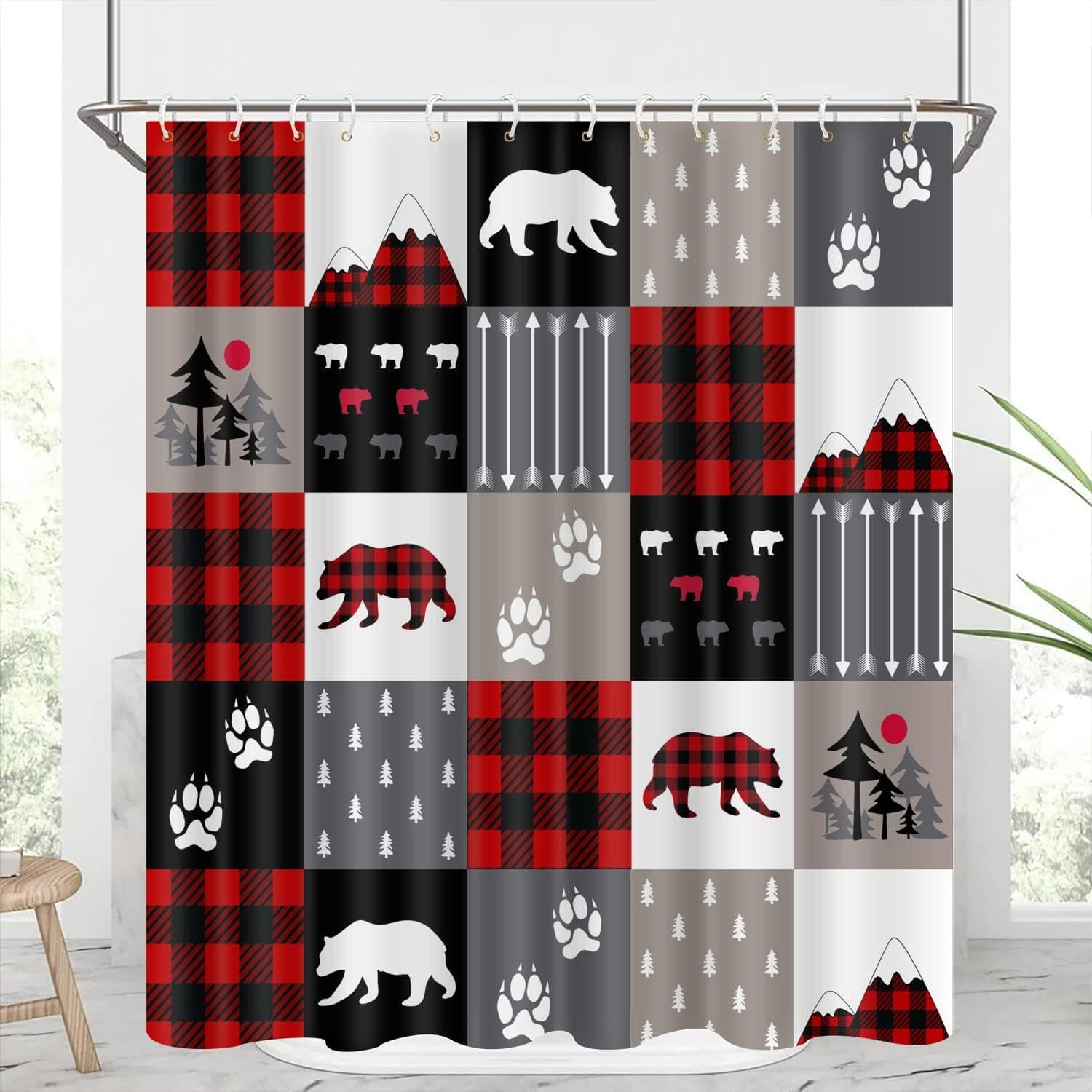 Hunting Cabin Shower Curtain 72x72 Inch Buffalo Check Plaid Animal Bear Mountain Pine Tree Shower Curtains Christmas Rustic Farmhouse Arrow Camping Bathroom Decor Polyester Fabric Red Black
