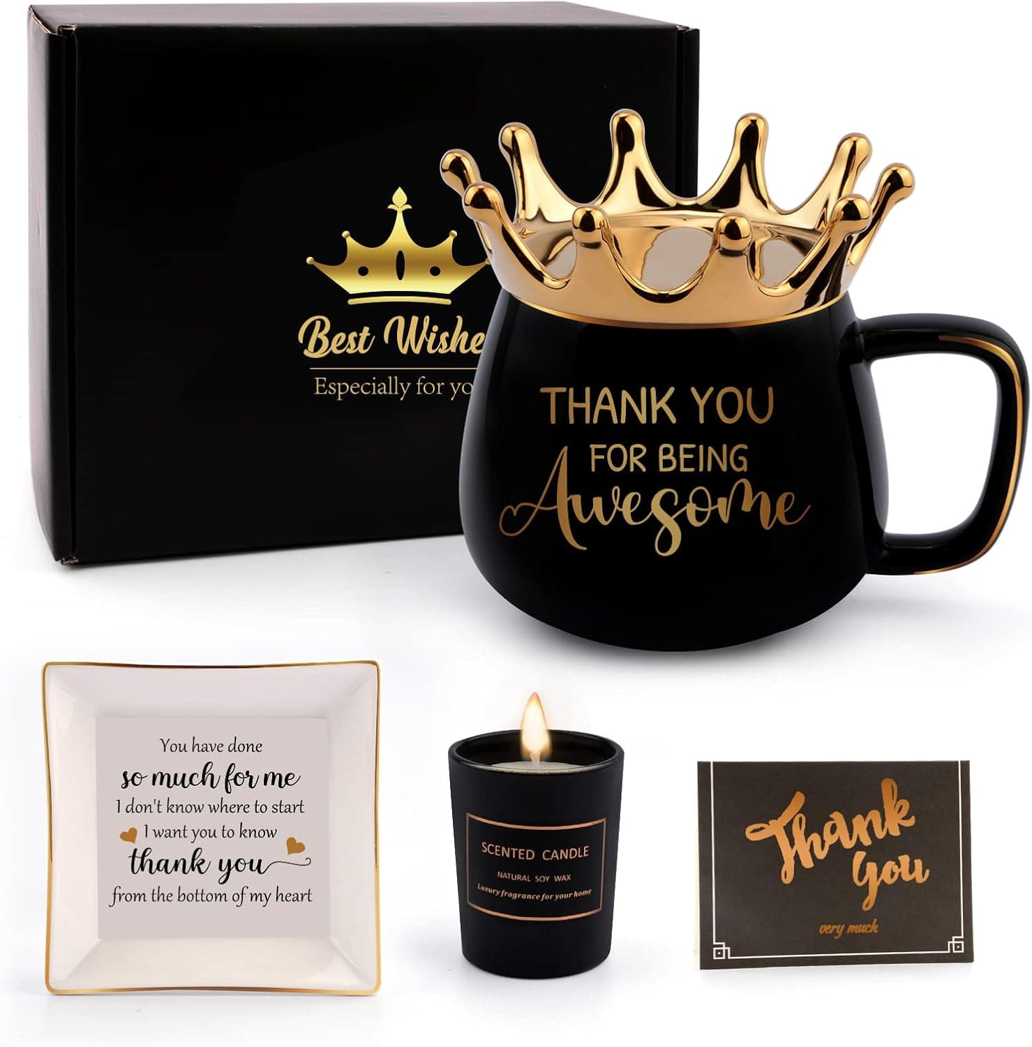 Thank You Gifts For Women, Mother's Day Gifts Graduation Gifts Get Well Soon Crown Coffee Mug Gifts Female, Appreciation Gifts with Candle and Dish, Birthday Cup for Coworker Friends Teacher Boss