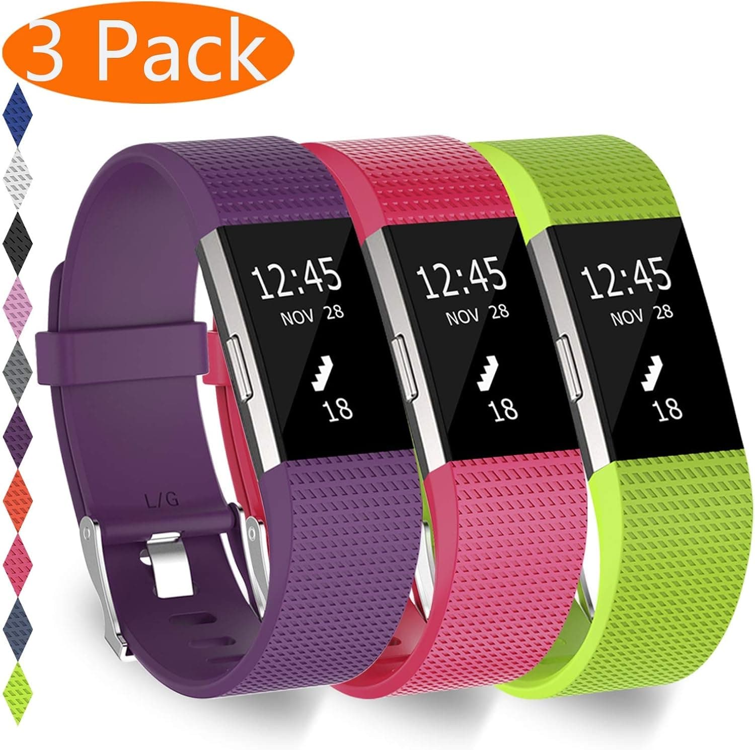 KingAcc Compatible Fitbit Charge 2 Bands, Soft Silicone Replacement Band for Fitbit Charge 2, Metal Buckle Fitness Wristband, 3-Pack Sport Strap for Women Men,(Rose&Purple&Green, Small)