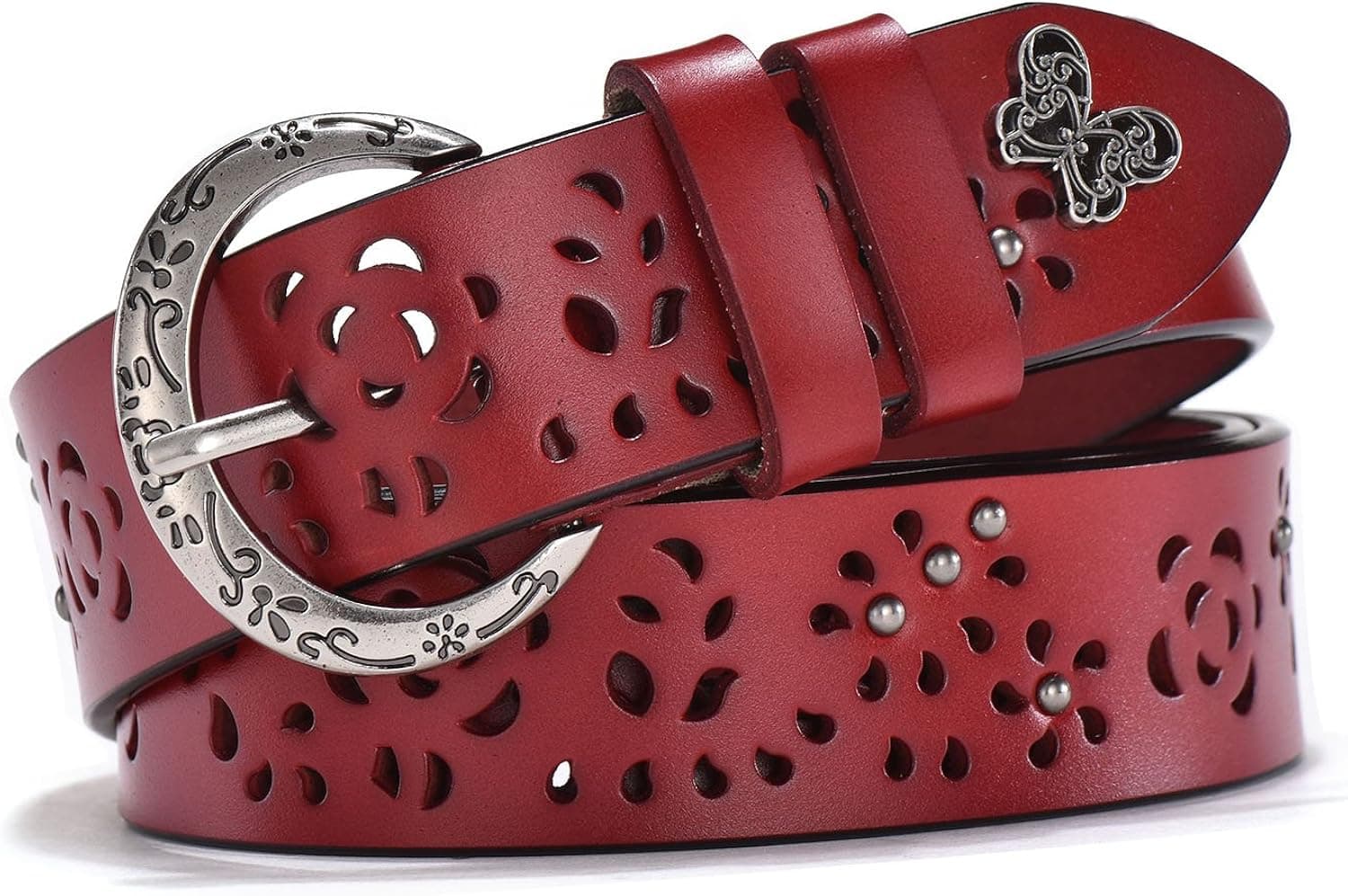 TUNGHO Leather Belts for Women Vintage Hollow Flower Genuine Cowhide Ladies Cowgirl Western Design with Crescent Buckle