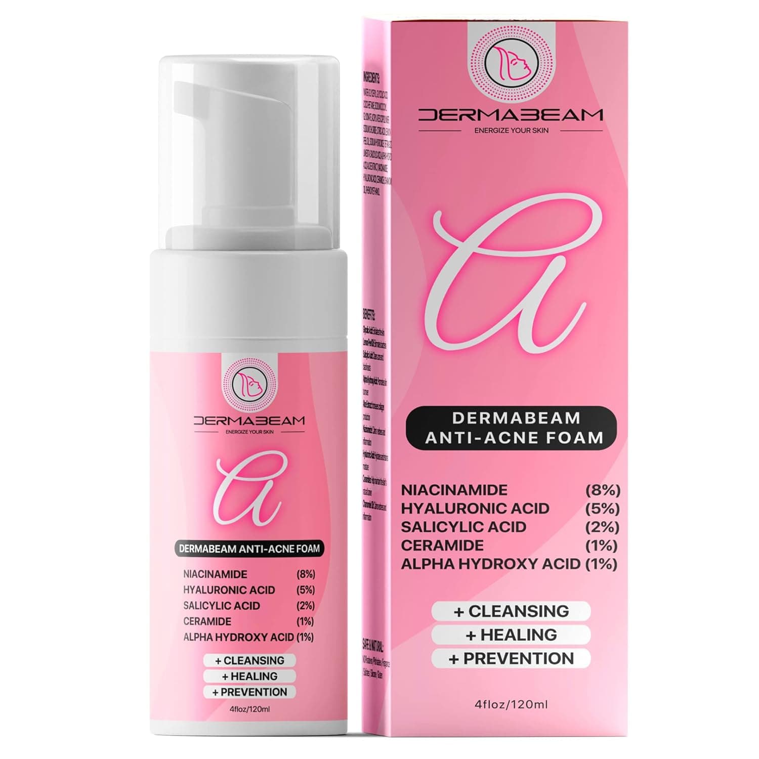 Dermabeam Anti-Acne Foam, Foaming Facial Cleanser, Foaming Face Wash, For Oily Skin, For Acne Skin, Gentle Face Wash Foam, Daily Hydrating Facial Cleanser, With Salicylic Acid, Alpha Hydroxy Acid, Niacinamide, Hyaluronic Acid, Ceramide (4 fl oz / 120 ml)
