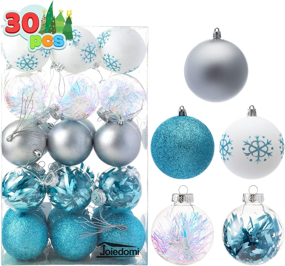 Joiedomi 30Pcs 3.15'' Assorted Christmas Ball Ornaments, Shatterproof Christmas Tree Ornaments, Craft Ornaments, Christmas Ornaments for Holiday Decorations, and Special Events (Blue,White&Silver)