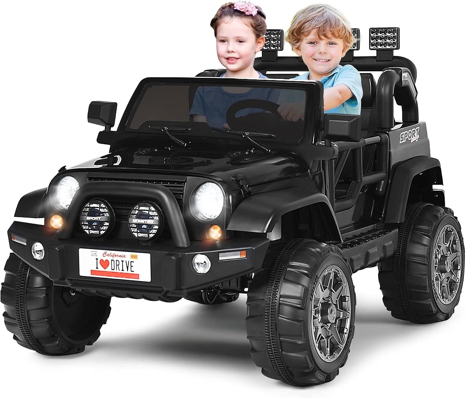Costzon 2-Seater Ride on Truck, 12V Battery Powered Electric Vehicle Toy w/Remote Control, 3 Speed, LED Lights, MP3, Horn, Music, 2 Doors Open, Spring Suspension, Ride on Car for Kids (Black)