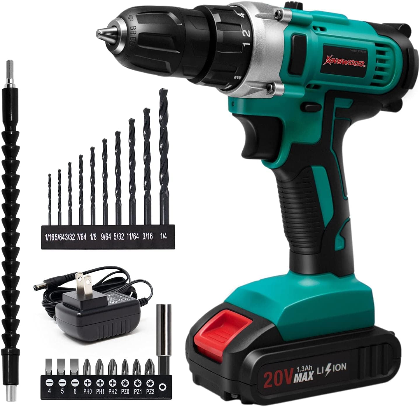 Kinswood 20V 3/8" Cordless Brushless Drill, Power Drill Driller Set Lithium-Ion