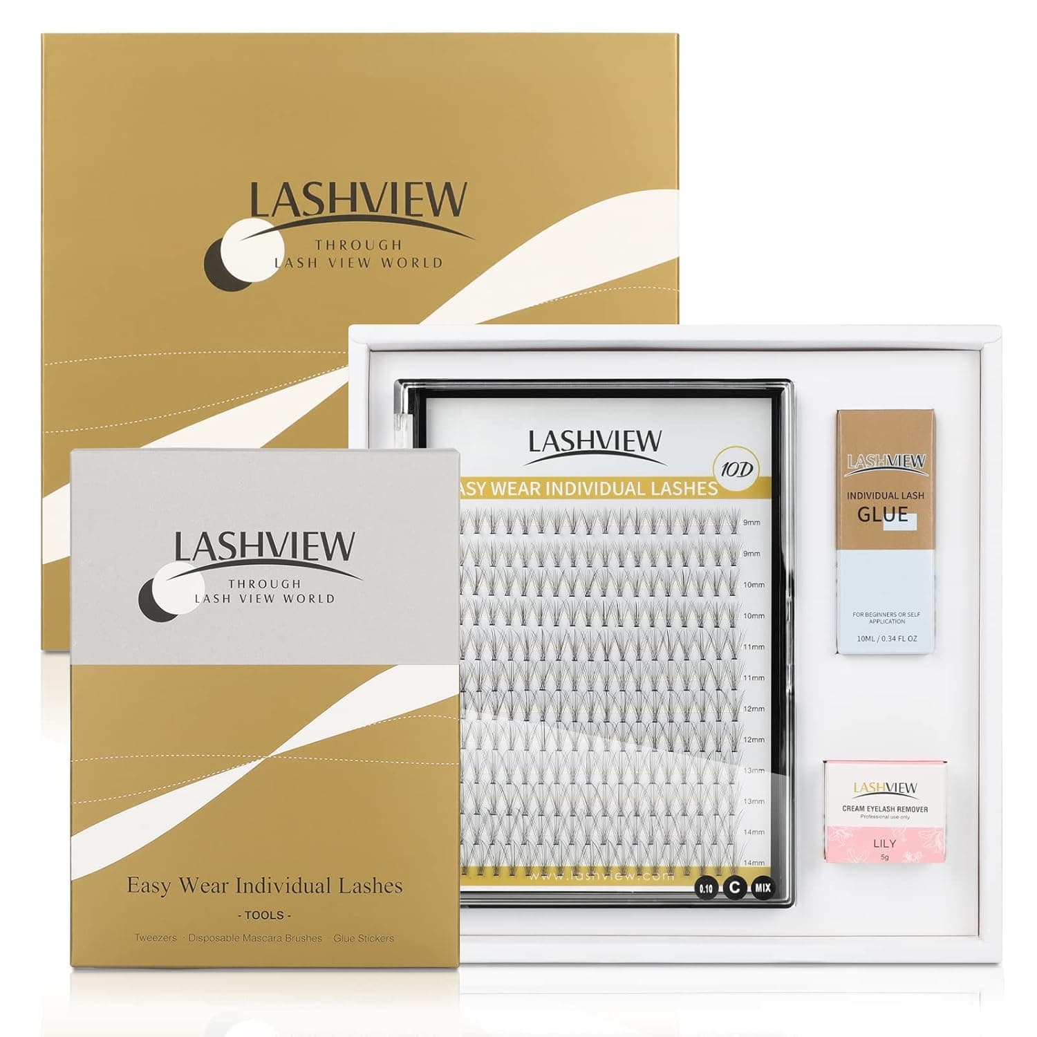 LASHVIEW DIY Eyelash Extension, Individual Lashes Kit, 0.10mm 10 Root Cluster Lashes, Sensitive Eyelash Extension Glue, Lash Tweezer, Lash Remover, Glue Sticker, Mascara Brush