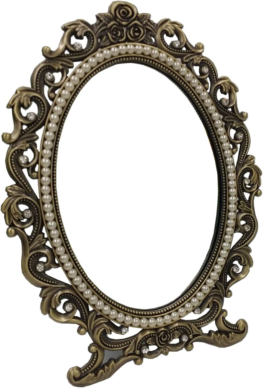 Nerien Decorative Tabletop Oval Mirror Vintage Metal Desktop Mirror with Stand Pearl Floral Frame Makeup Mirror Retro Cosmetic Mirror Countertop Dressing Mirror for Home, Bedroom Decor Bronze