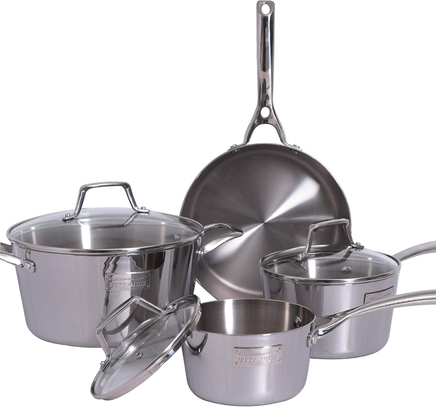 Fleischer & Wolf Silver Cookware Set 7-pieces, Pots and Pans Sets,Tri-Ply 403 Stainless Steel,Dutch Oven Safe 650F,Induction Compatible, Dishwasher Safe