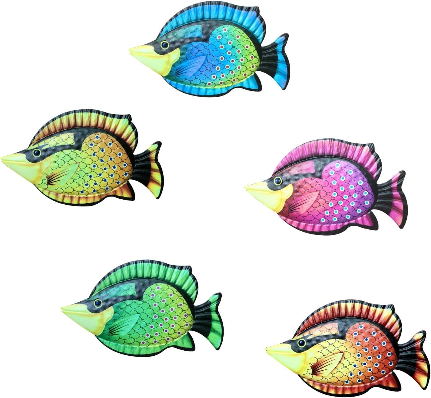 Funlive Wall Sculptures Coastal Ocean Sea Metal Fish Hanging Wall Art Decor Set of 5 for Outdoor or Indoor