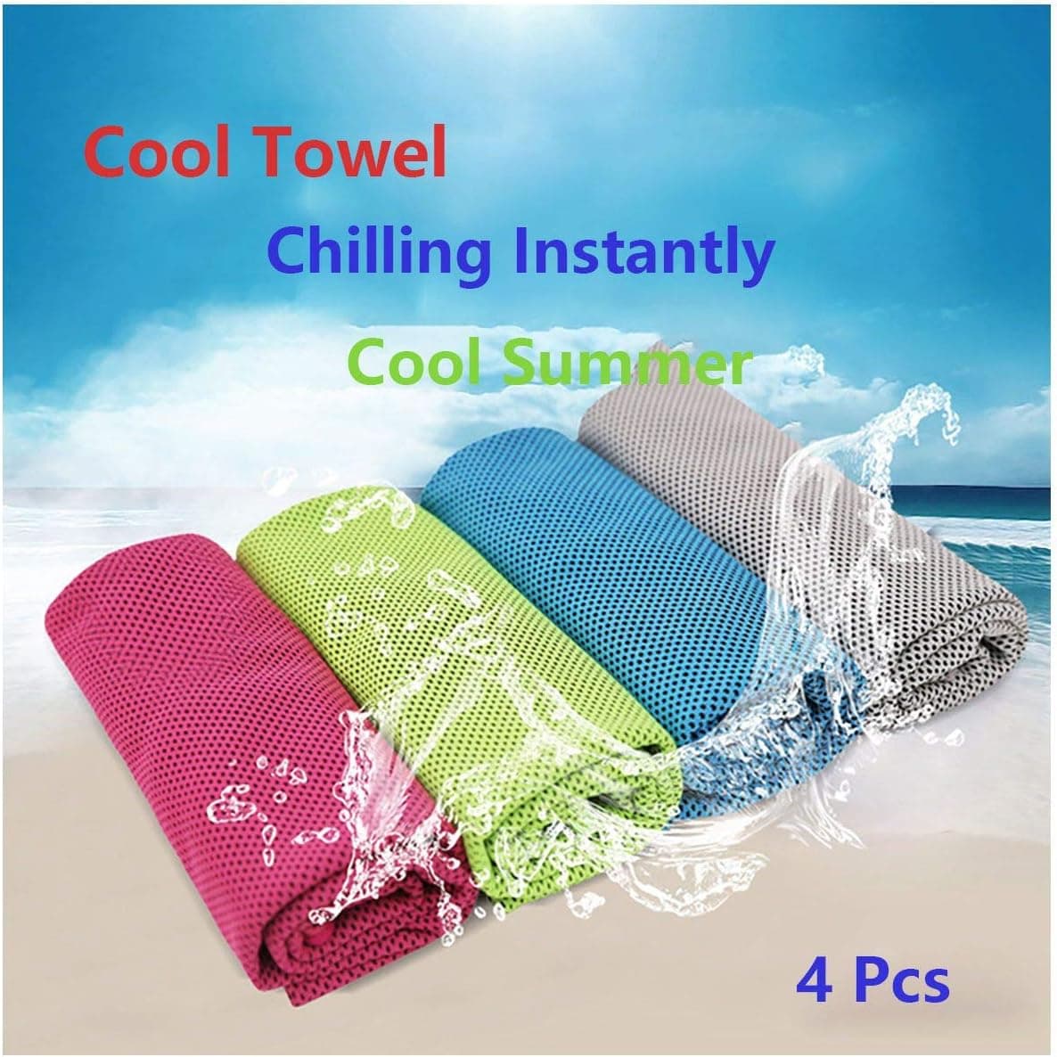 Amanely Cool Towel for Instant Cooling Relief 4 Pack, Chilling Neck Wrap, Ice Cold Scarf for Men Women, Microfiber Bandana - Evaporative Chilly Towel for Yoga Golf Travel